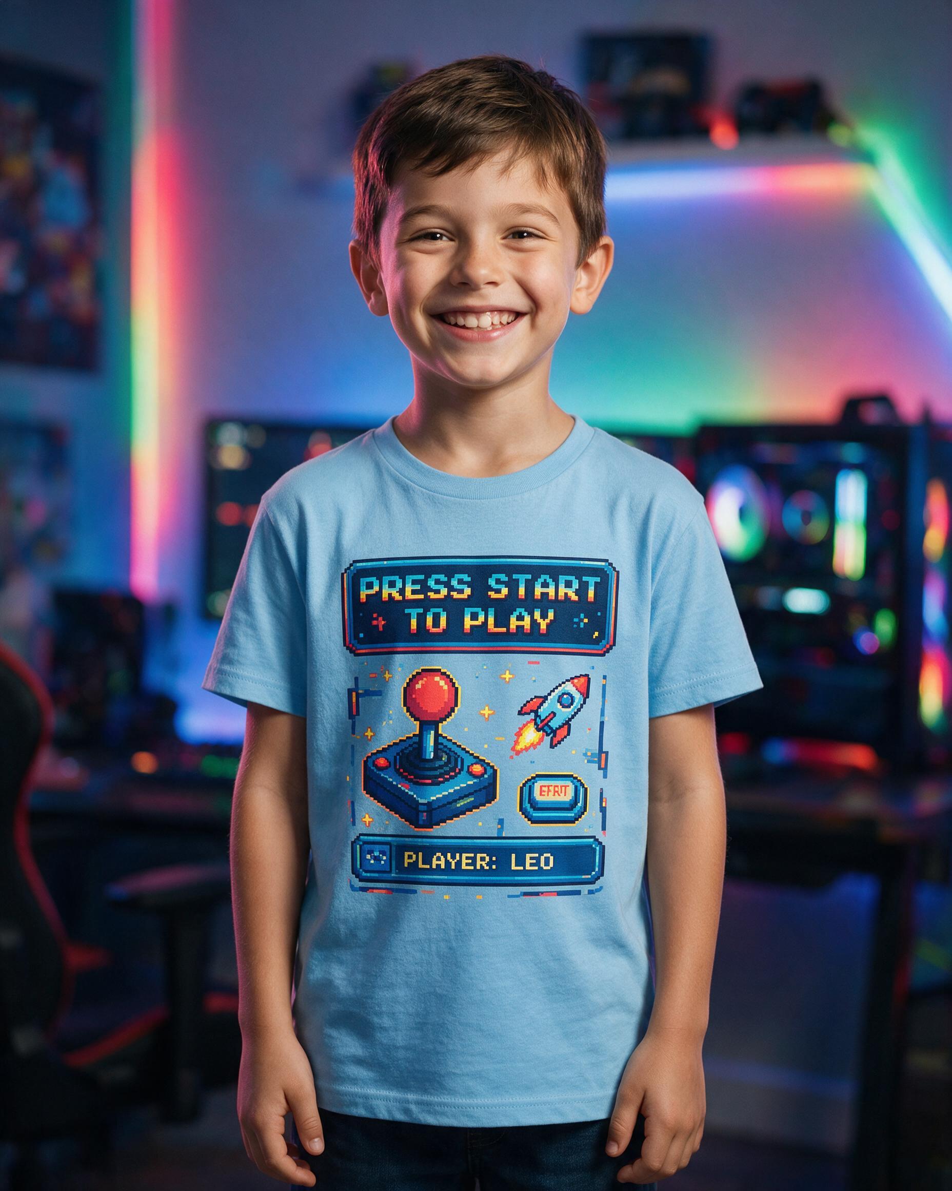 Press Start To Play Personalized Gamer Shirt — Light Blue