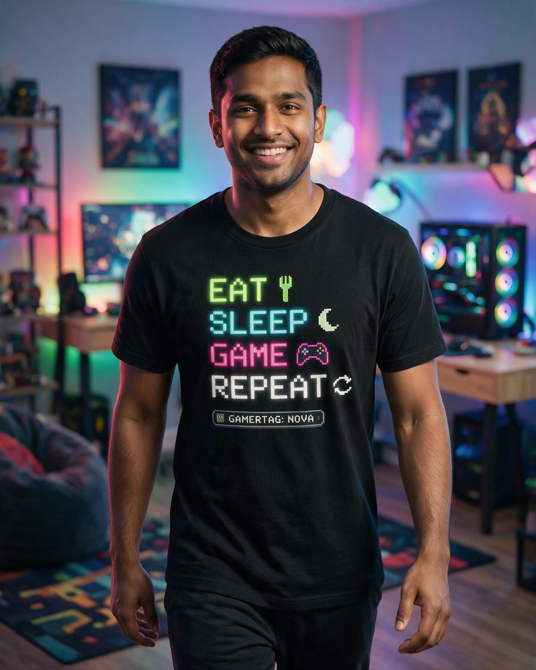 Eat Sleep Game Repeat Personalized Gamer Shirt — Black