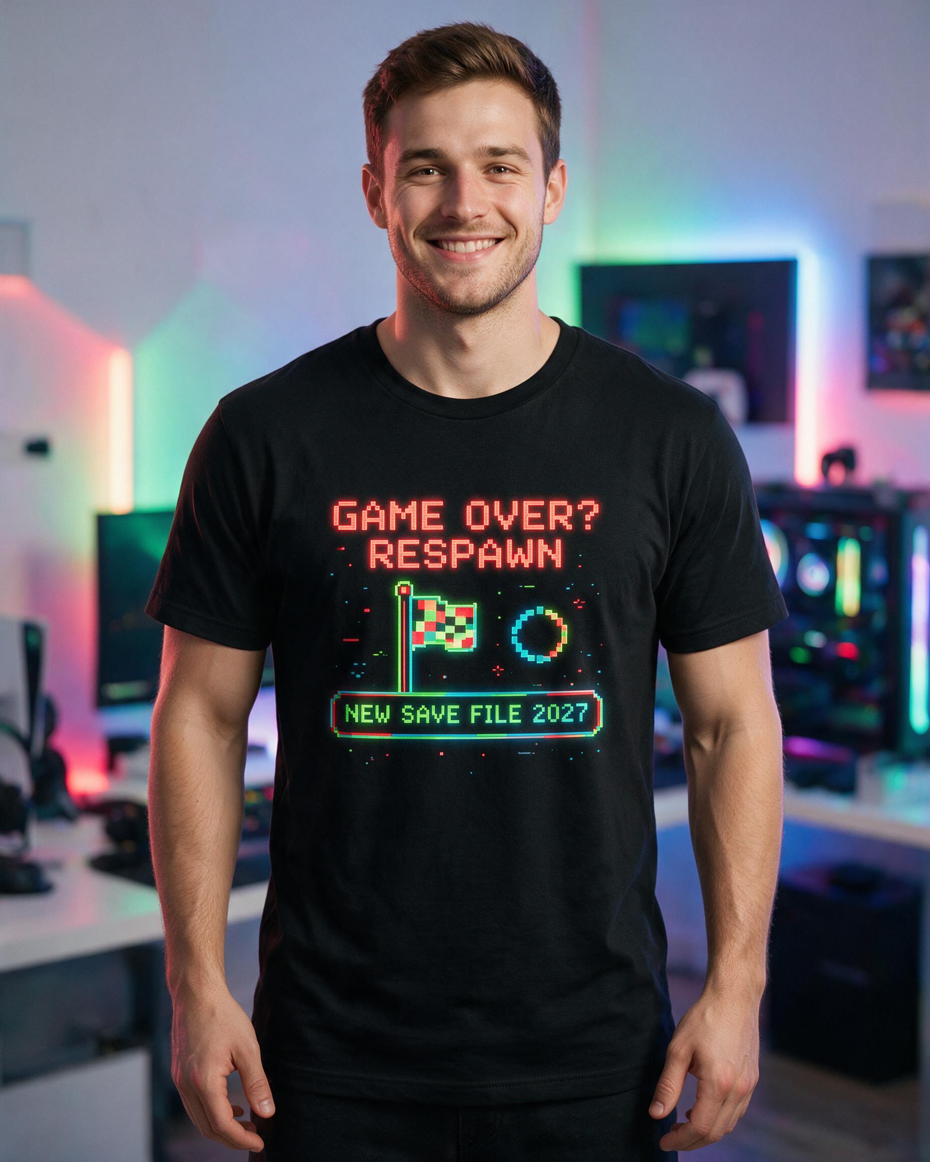 Game Over Respawn New Year Personalized Gamer Shirt — Black