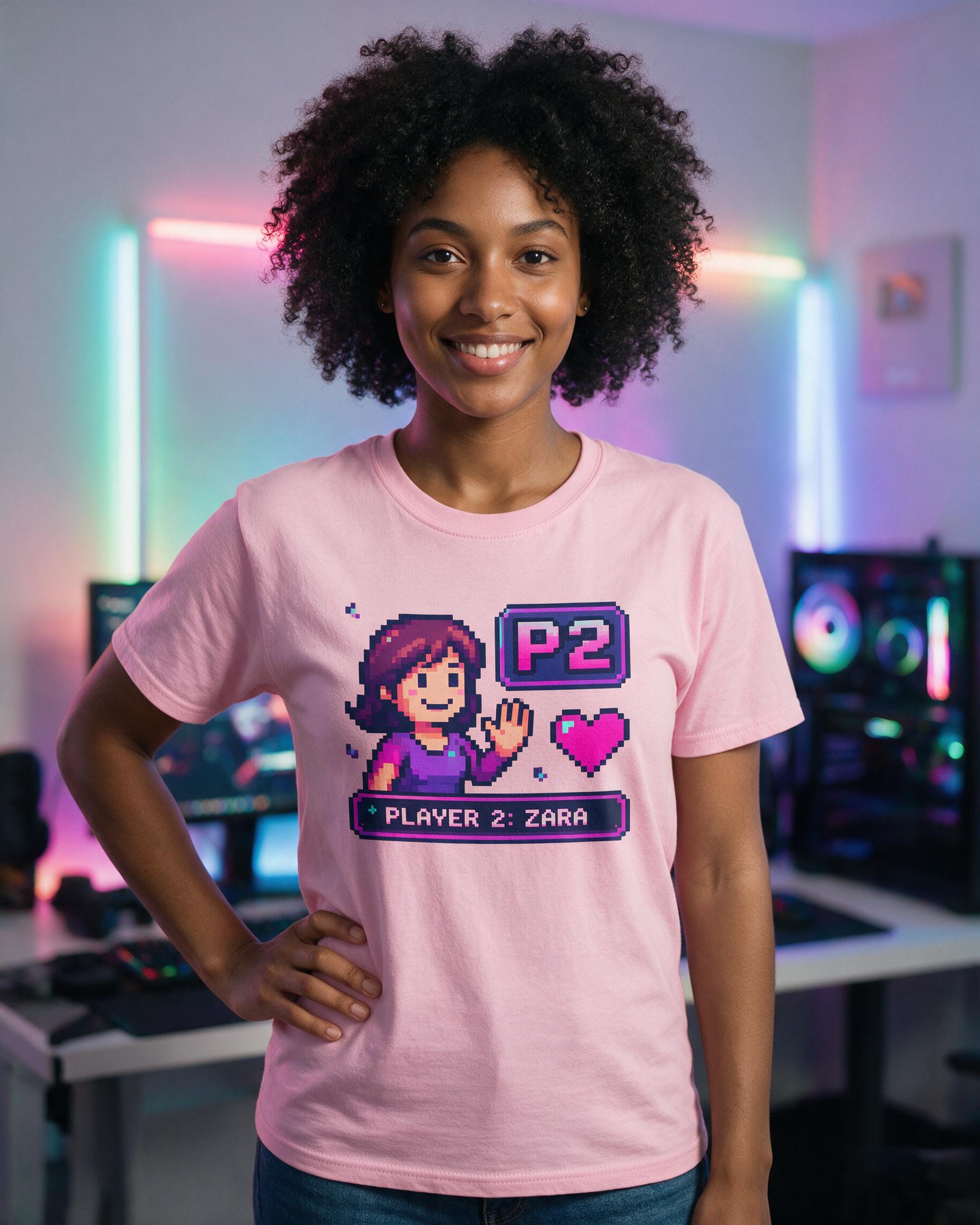Player Two Pixel Avatar Personalized Gamer Shirt — Light Pink