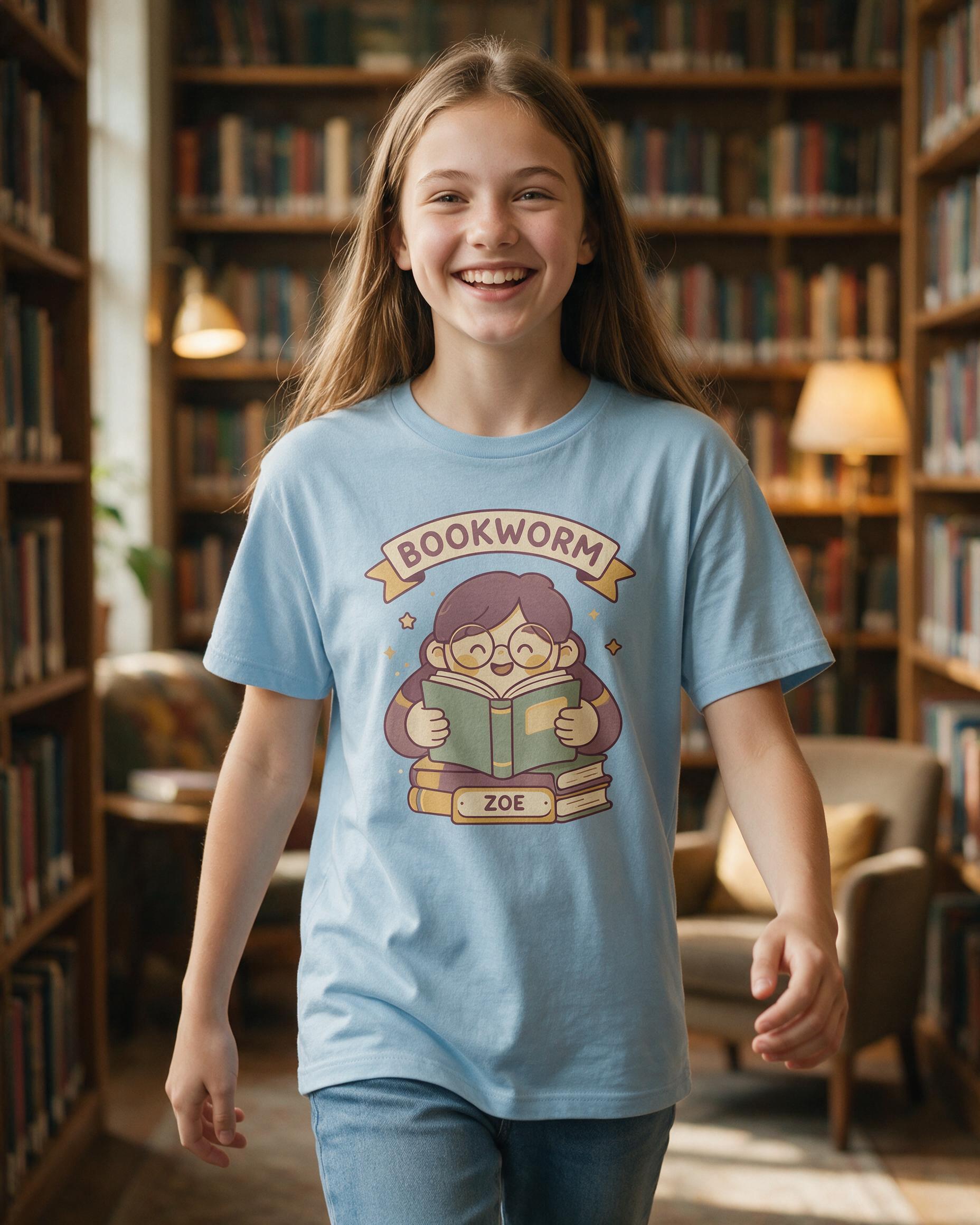 Bookworm Personalized Name Reading Shirt — Light Blue