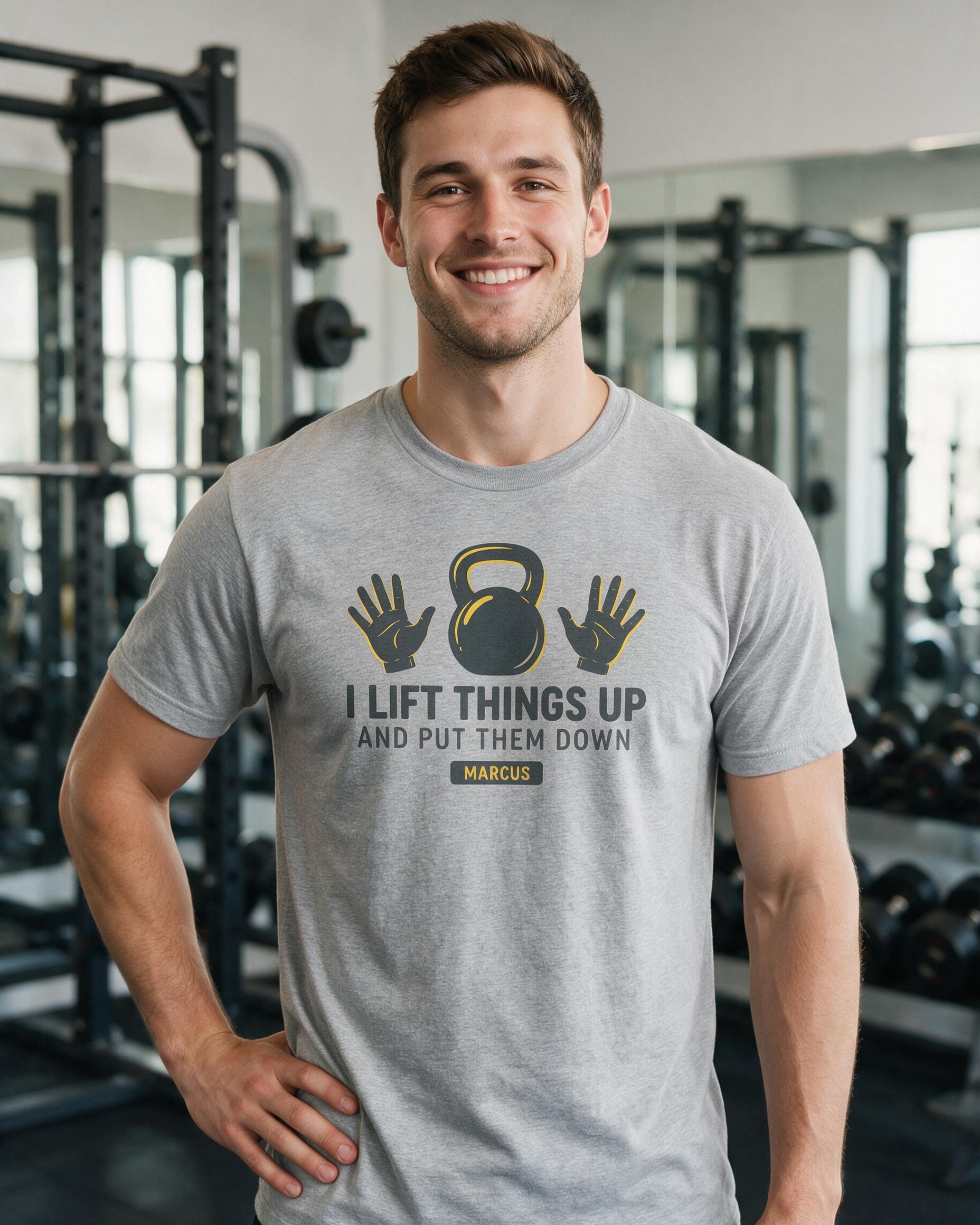 I Lift Things Up And Put Them Down Personalized Gym Shirt — Sport Grey