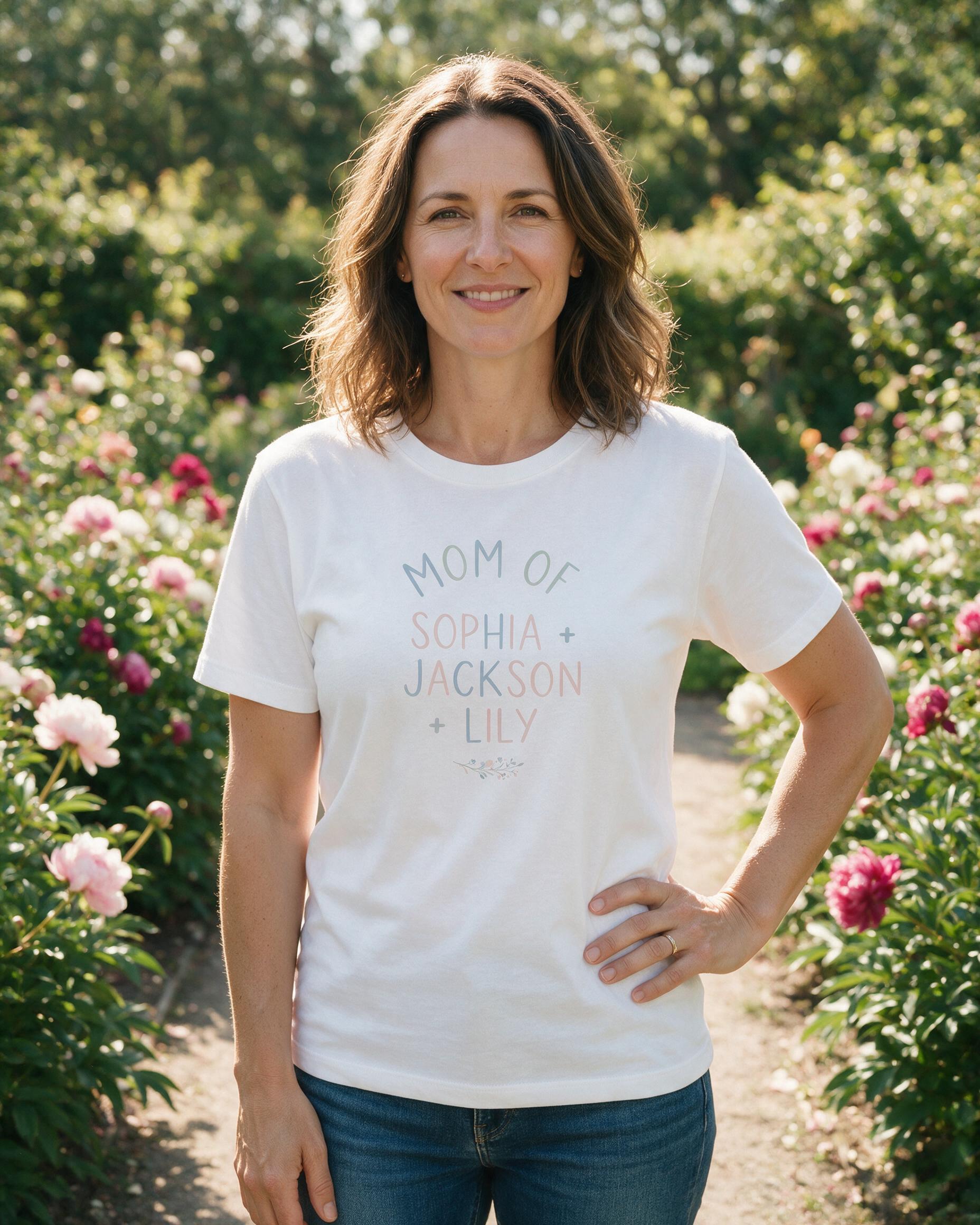 Mom Of Personalized Names Mother's Day Shirt — White