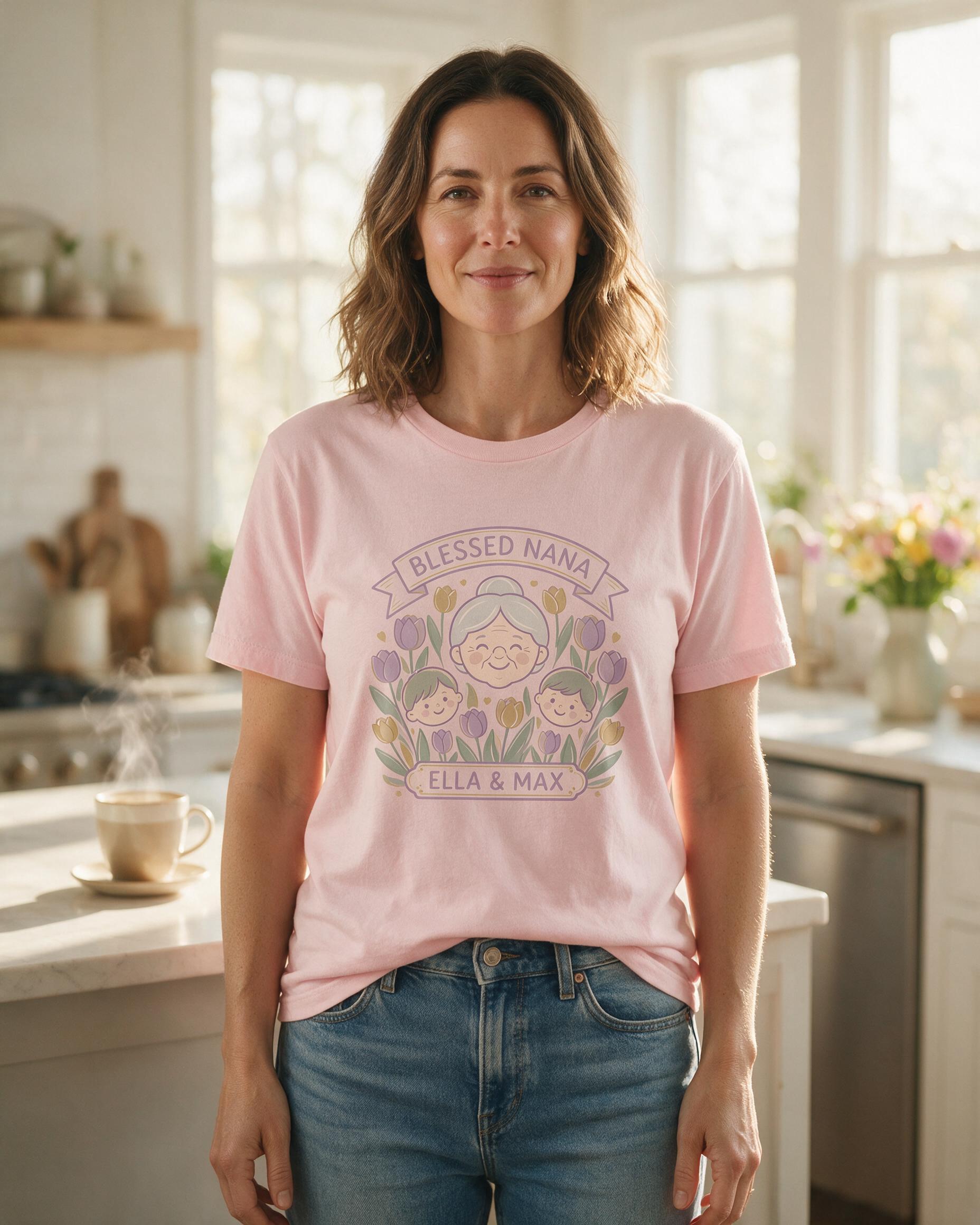 Blessed Nana Grandkids Personalized Grandma Shirt — Light Pink