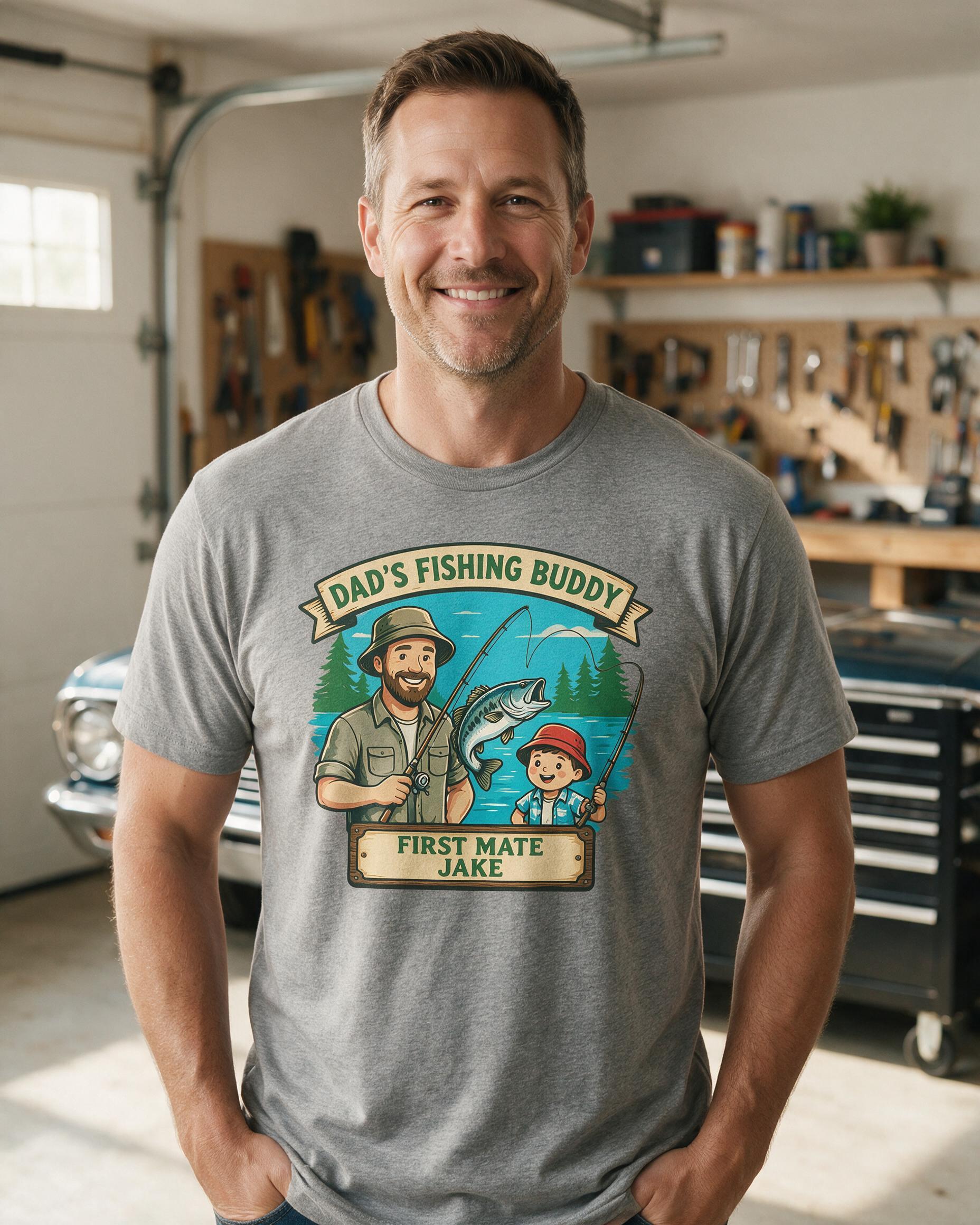 Dad's Fishing Buddy Cartoon Personalized Father's Day Shirt — Sport Grey