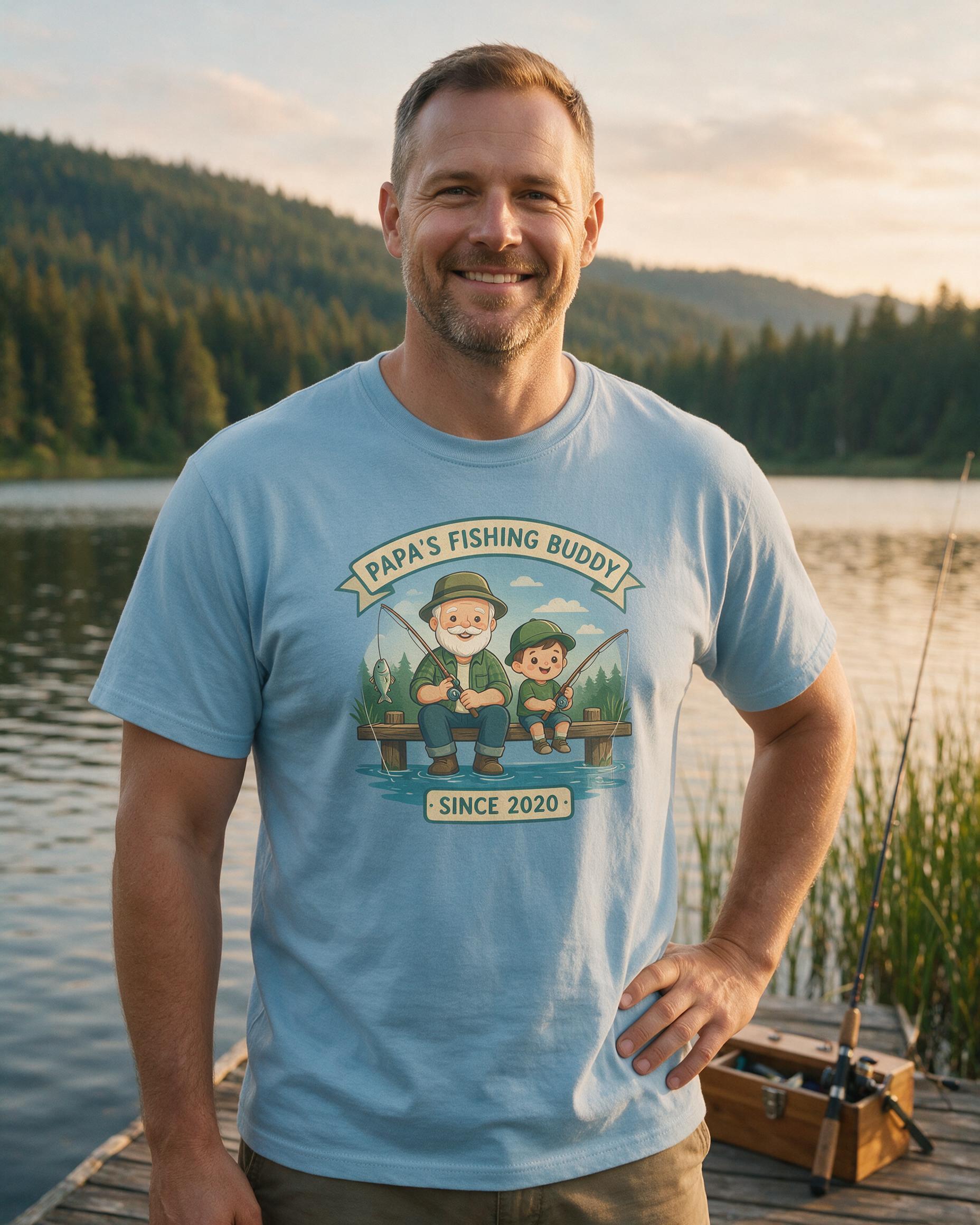 Papa's Fishing Buddy Cartoon Personalized Fishing Shirt — Light Blue
