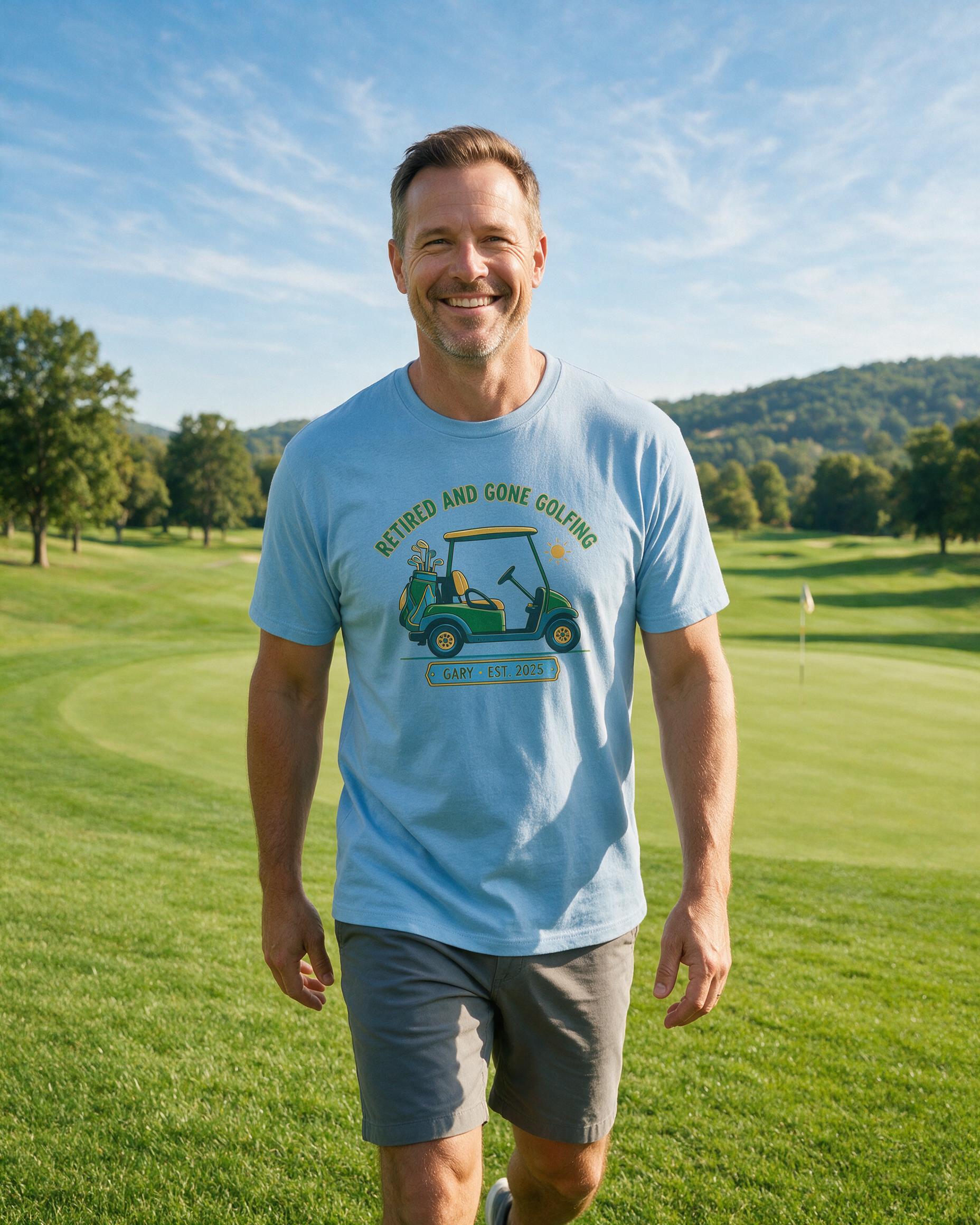 Retired Gone Golfing Personalized Golf Shirt — Light Blue