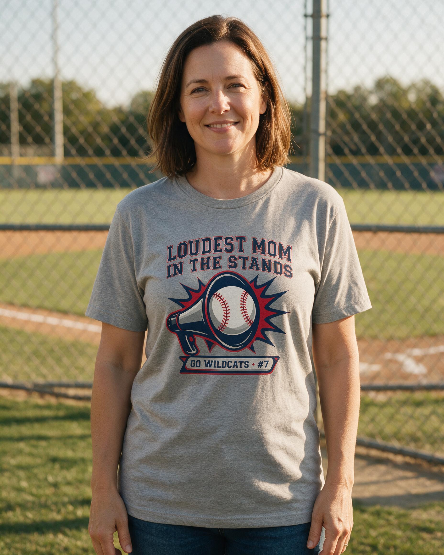 Loudest Mom In The Stands Personalized Baseball Shirt — Sport Grey