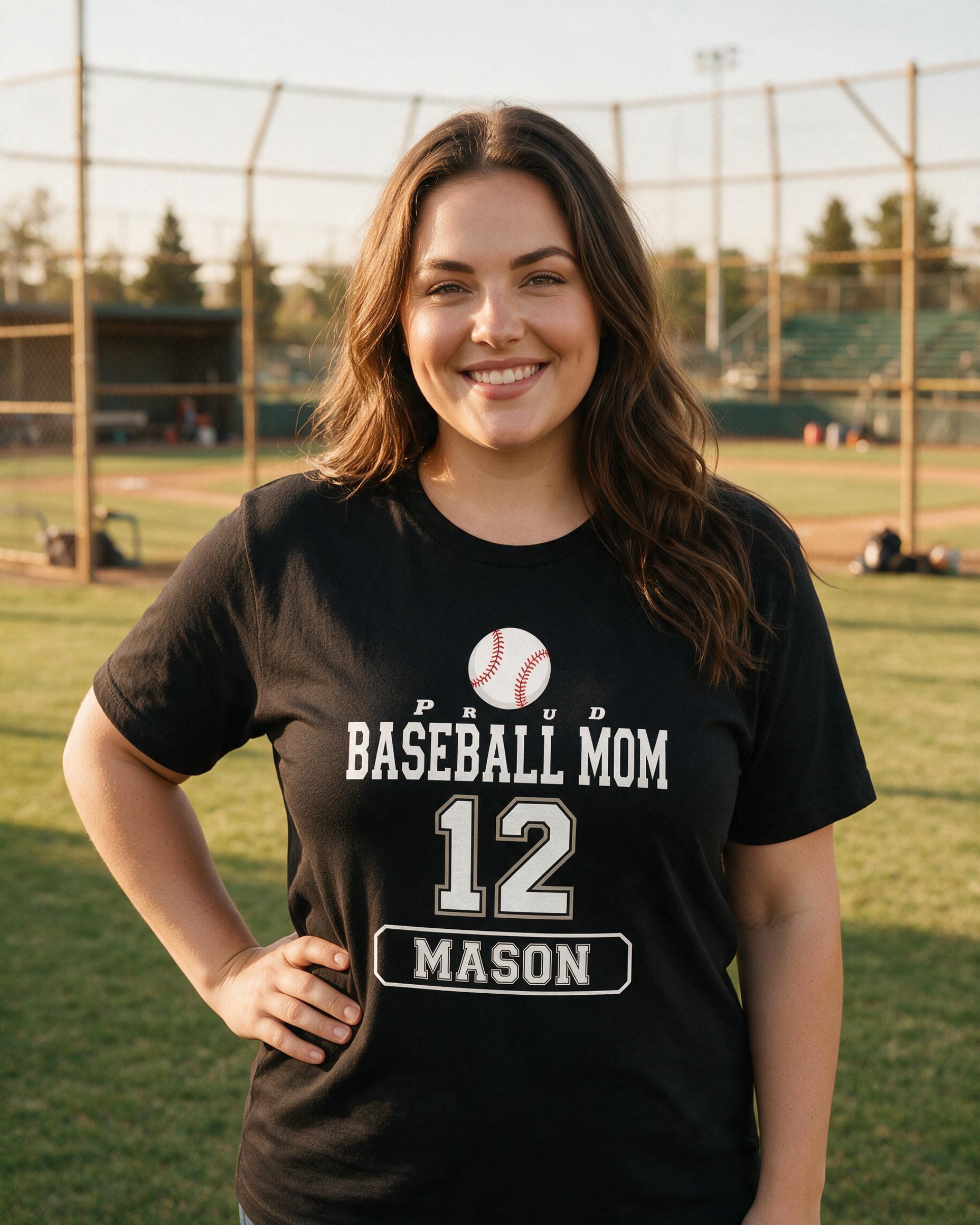 Proud Baseball Mom Name Number Personalized Shirt — Black