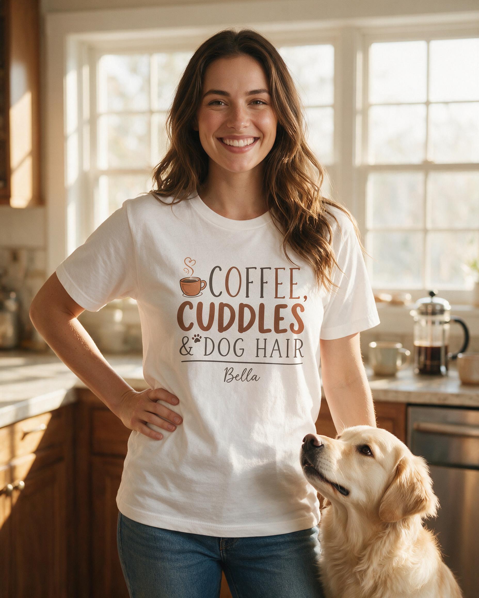 Coffee, Cuddles & Dog Hair Personalized Dog Mom Shirt — White