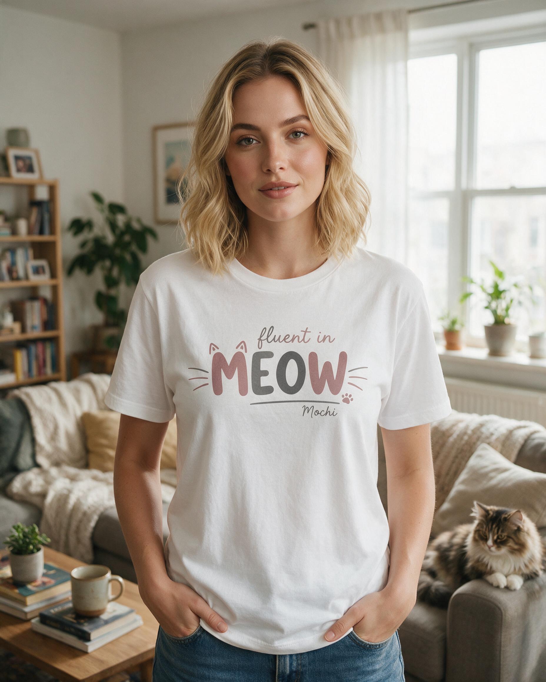 Fluent In Meow Personalized Cat Mom Shirt — White