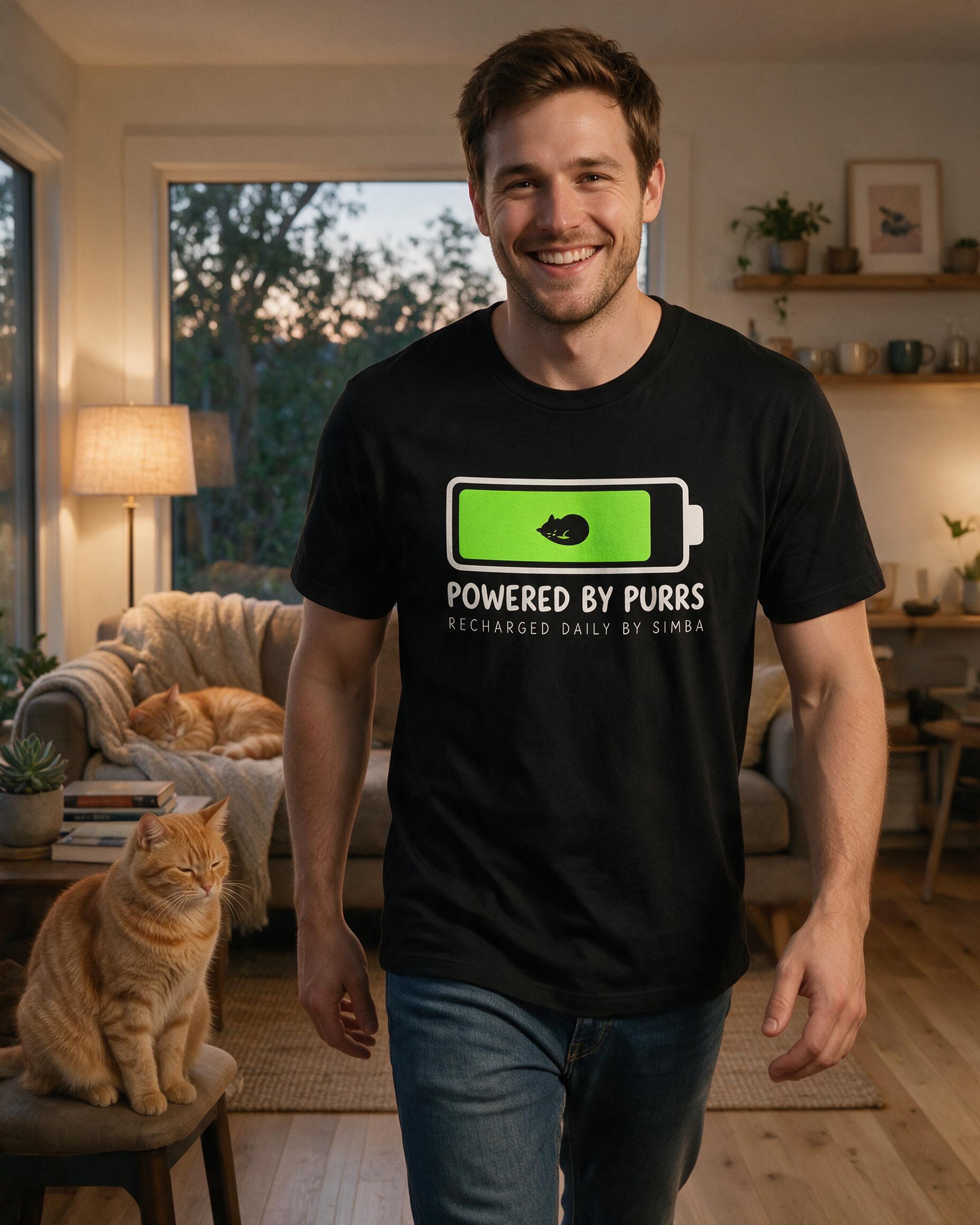 Powered By Purrs Personalized Cat Dad Shirt — Black
