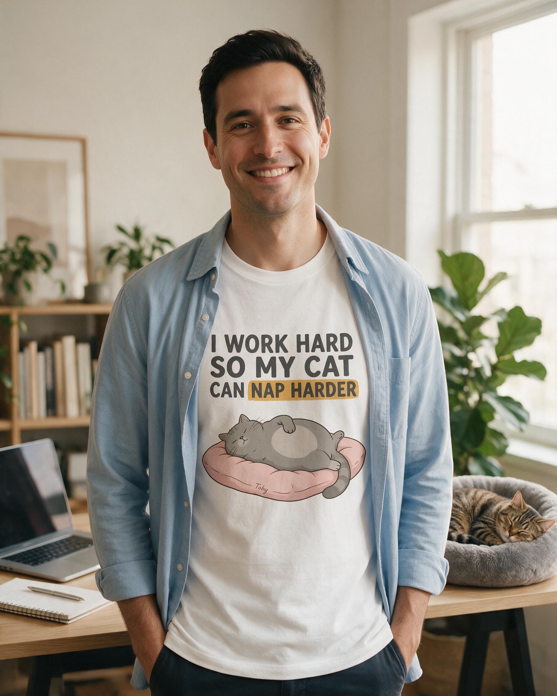 I Work Hard So My Cat Can Nap Harder Personalized Shirt — White