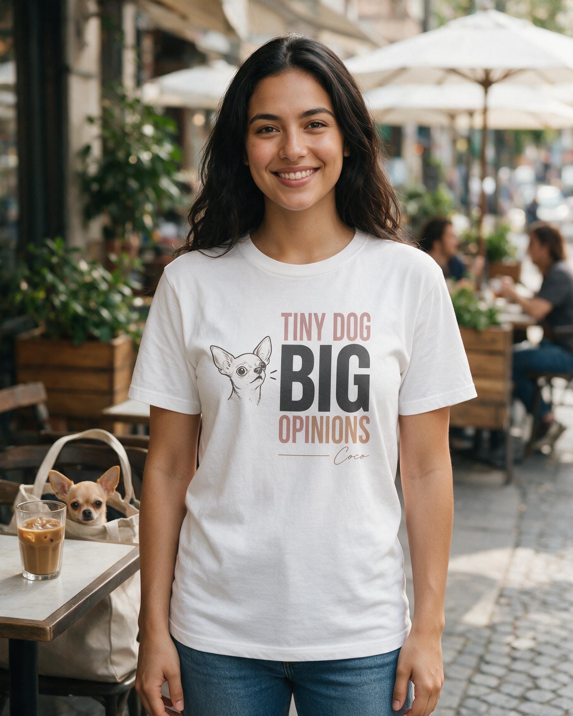 Tiny Dog Big Opinions Personalized Chihuahua Mom Shirt — White