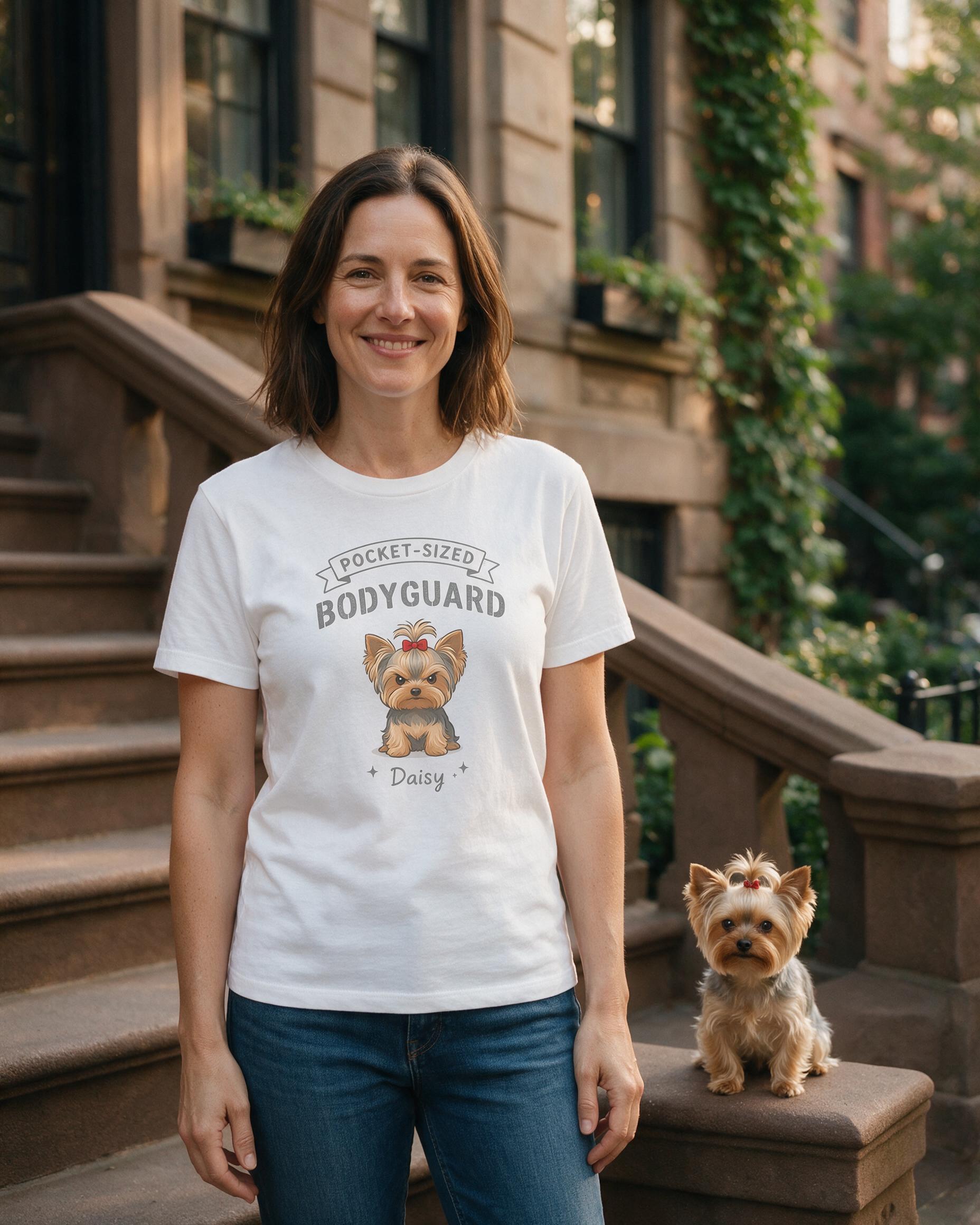 Pocket Sized Bodyguard Personalized Yorkie Mom Shirt — White