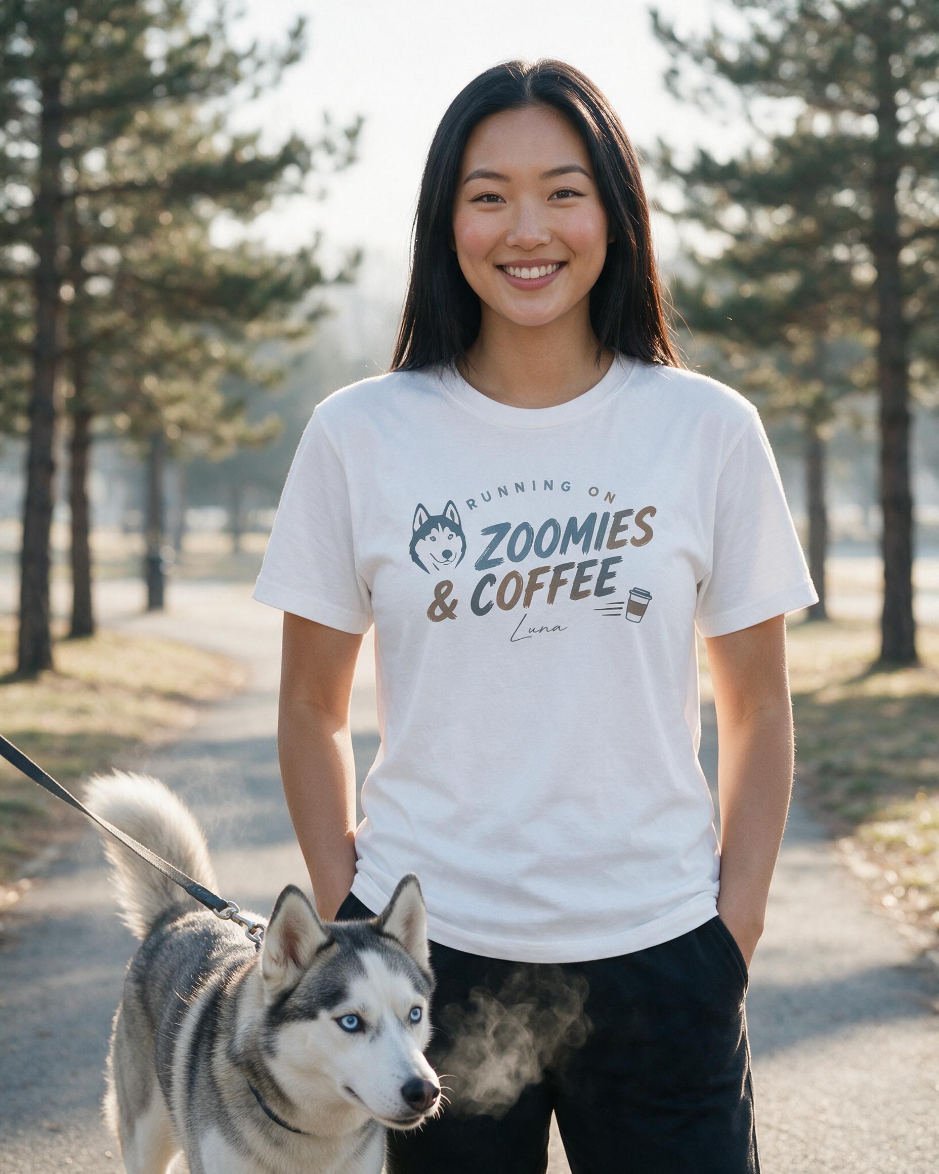 Running On Zoomies And Coffee Personalized Husky Mom Shirt — White