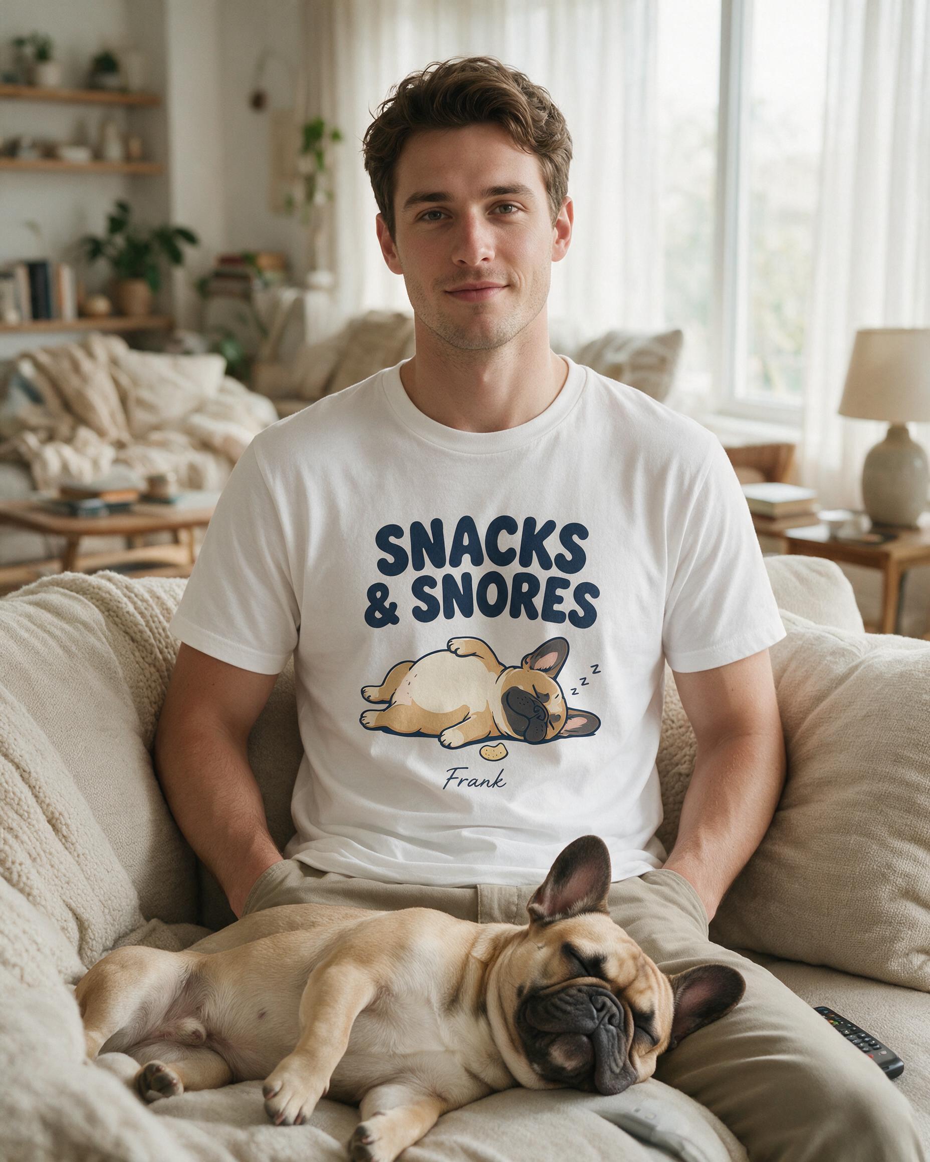 Snacks And Snores Personalized Frenchie Dad Shirt — White