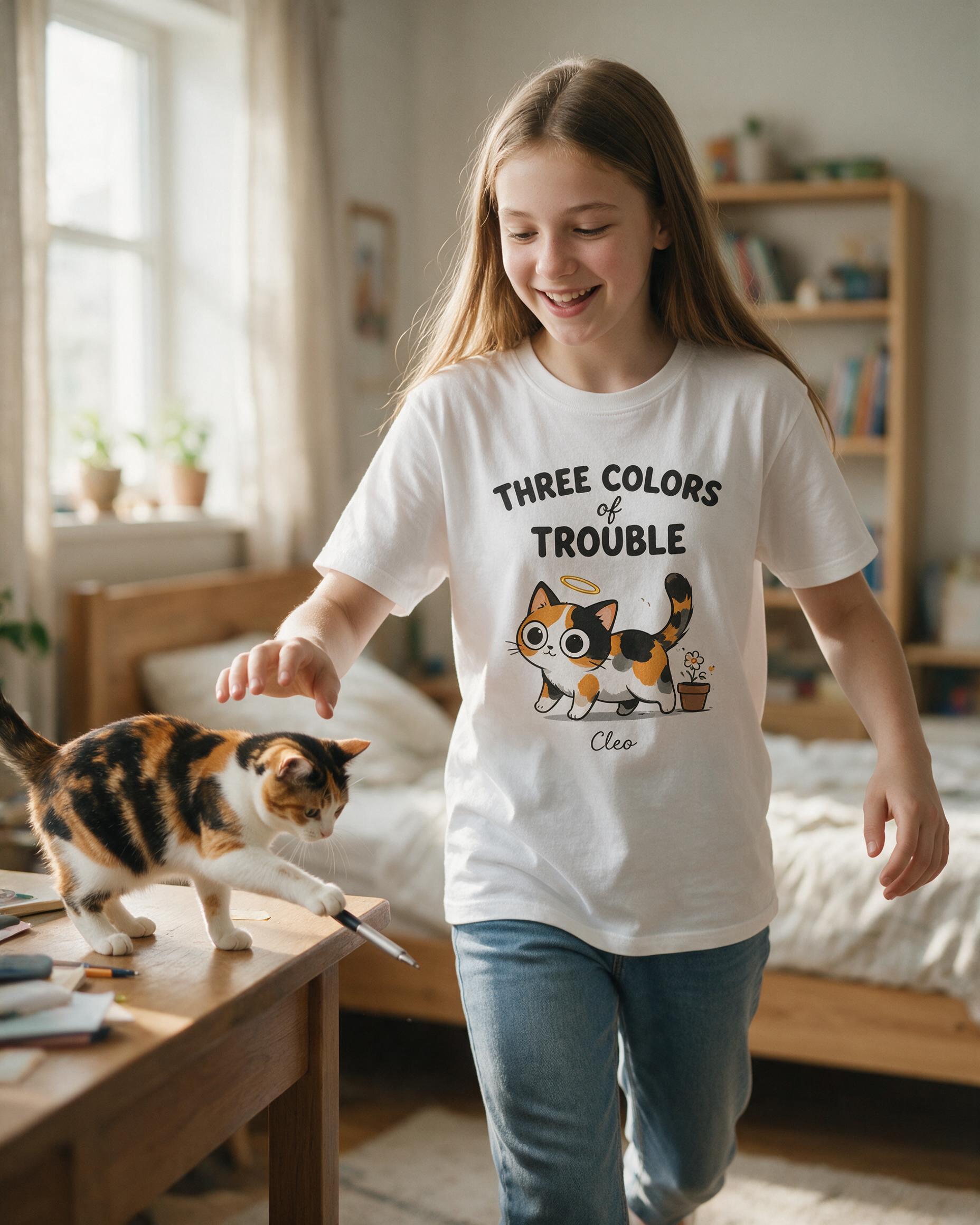 Three Colors Of Trouble Personalized Calico Cat Mom Shirt — White