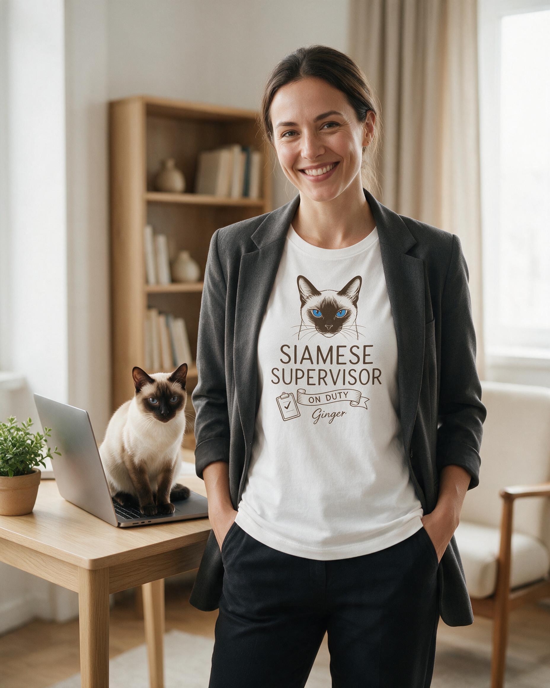 Siamese Supervisor On Duty Personalized Cat Mom Shirt — White