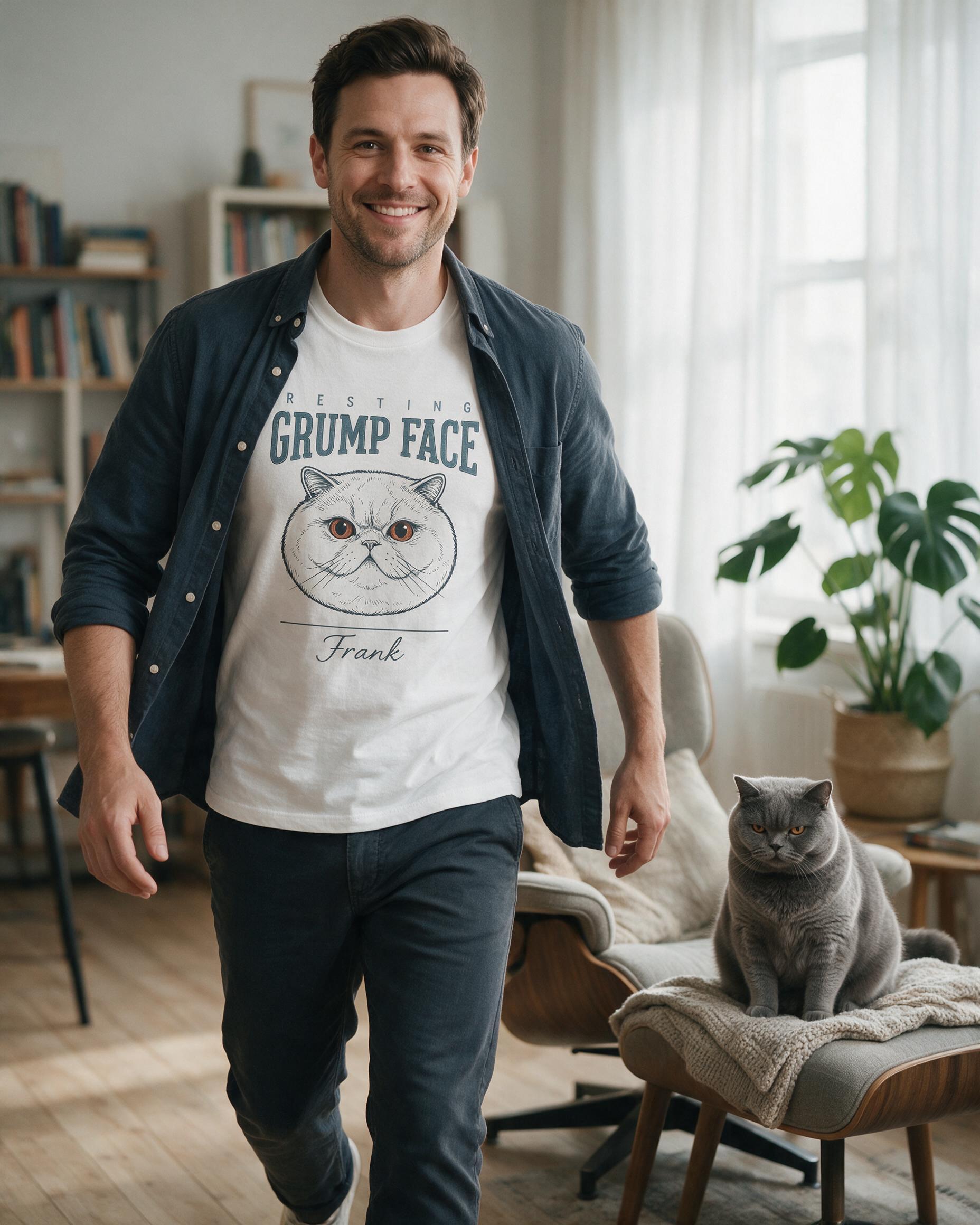 Resting Grump Face Personalized British Shorthair Cat Dad Shirt — White