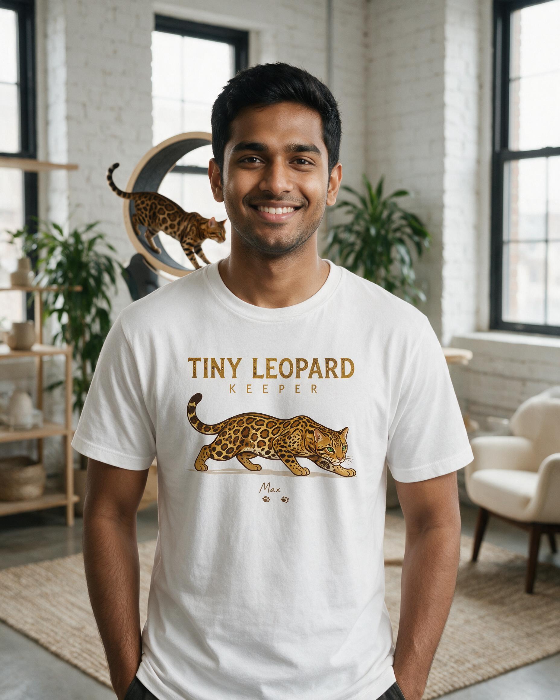 Tiny Leopard Keeper Personalized Bengal Cat Dad Shirt — White