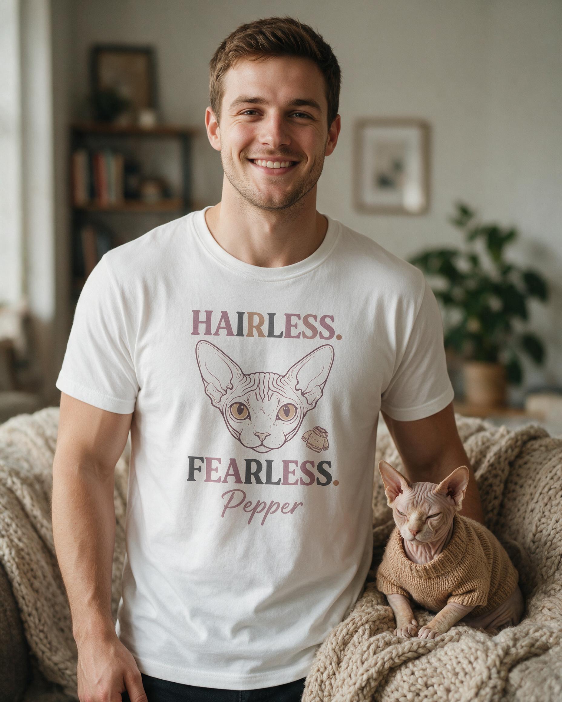 Hairless And Fearless Personalized Sphynx Cat Dad Shirt — White