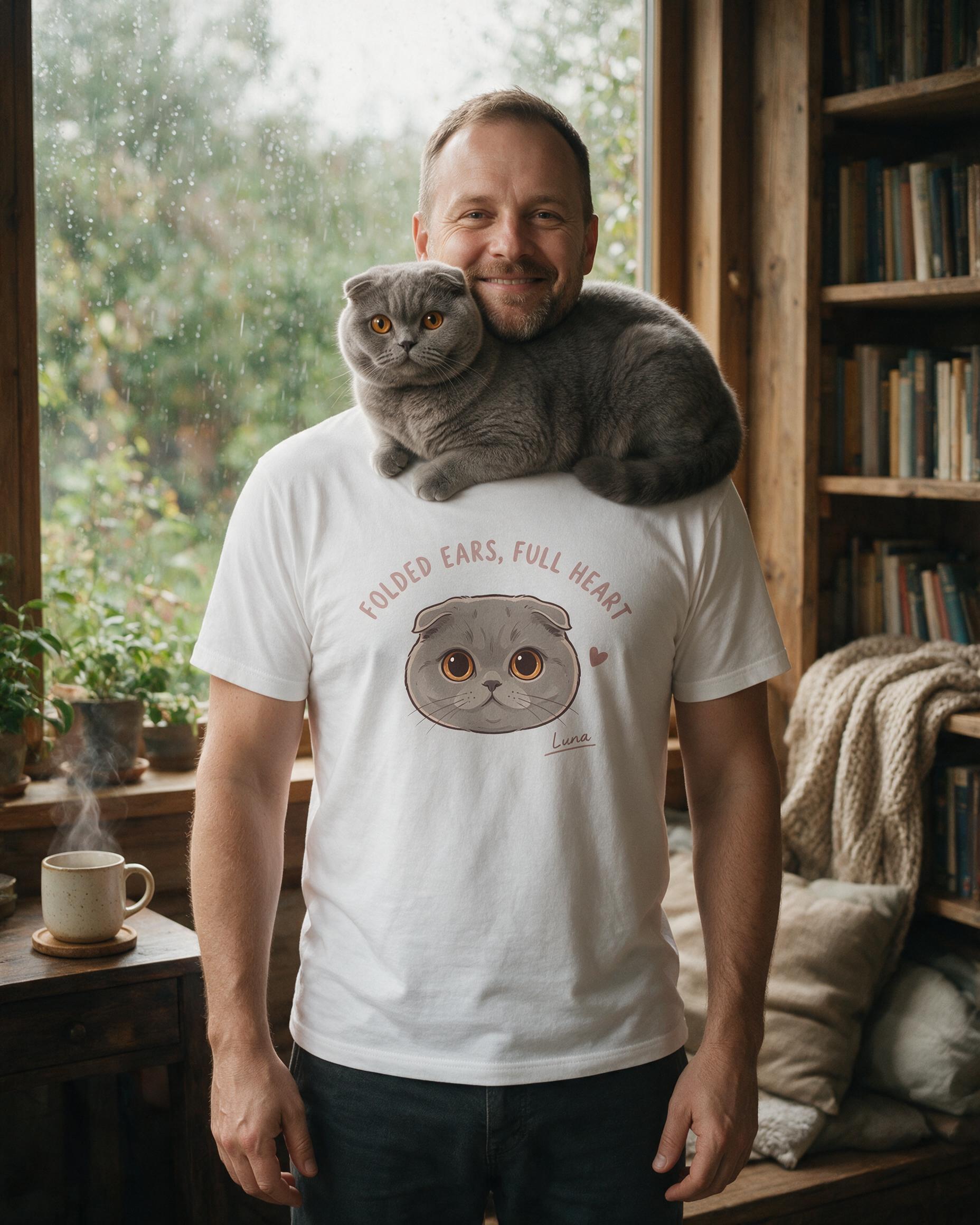 Folded Ears Full Heart Personalized Scottish Fold Cat Dad Shirt — White