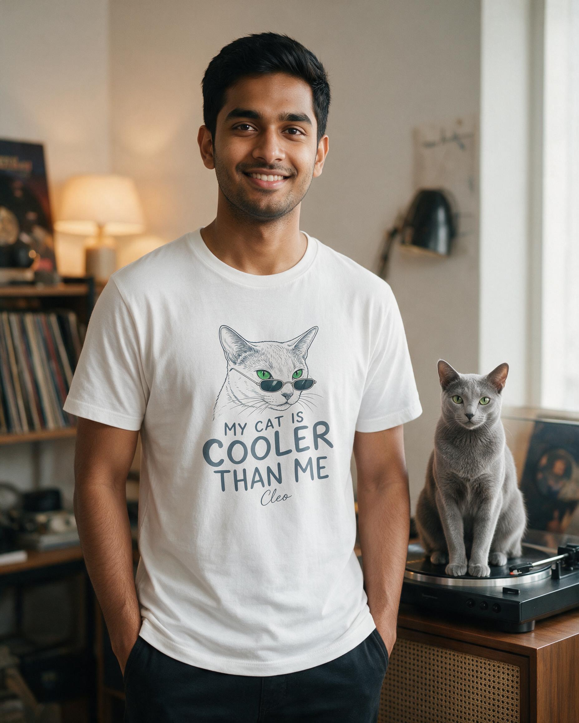 My Cat Is Cooler Than Me Personalized Russian Blue Cat Dad Shirt — White