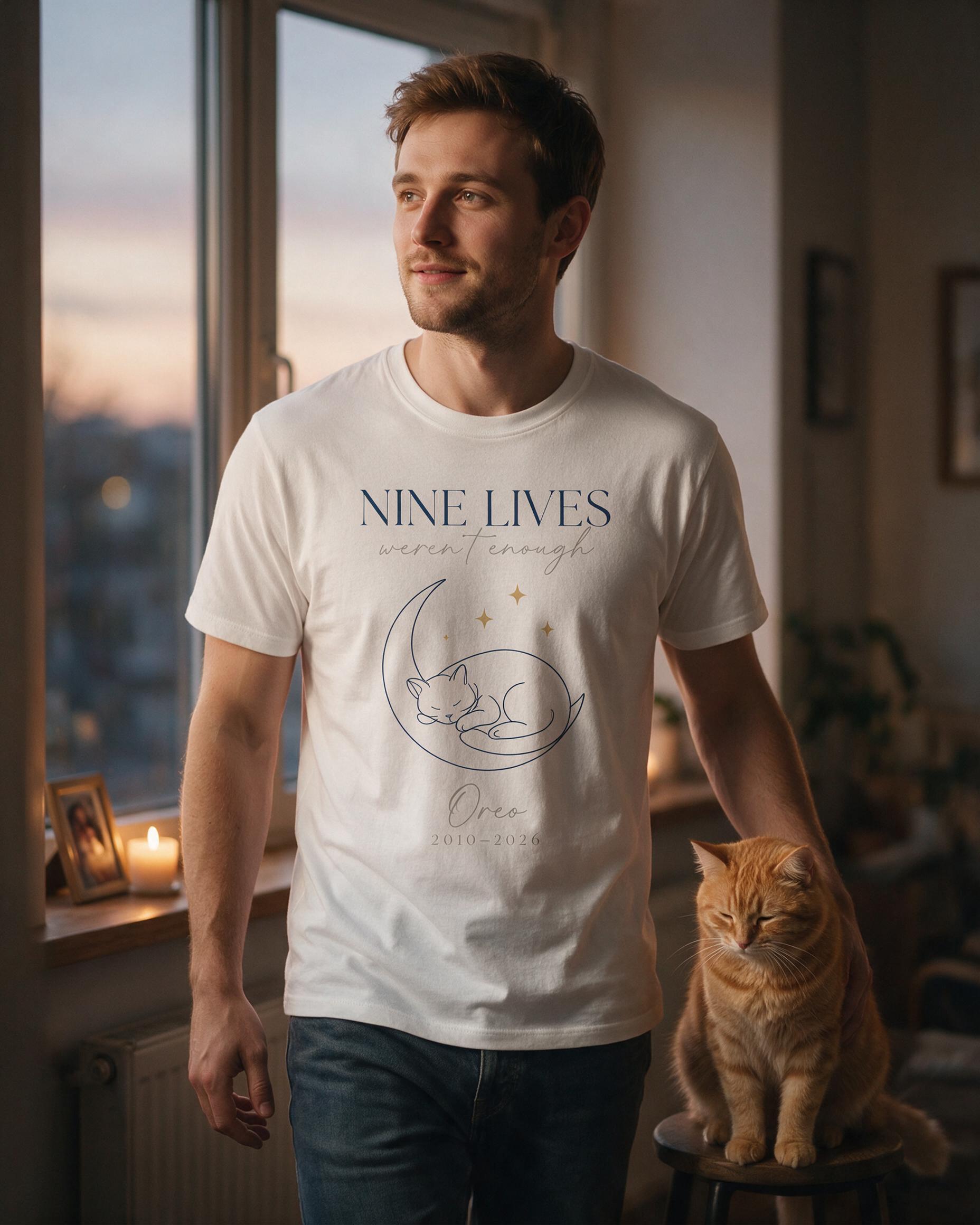 Nine Lives Weren't Enough Personalized Cat Memorial Shirt — White