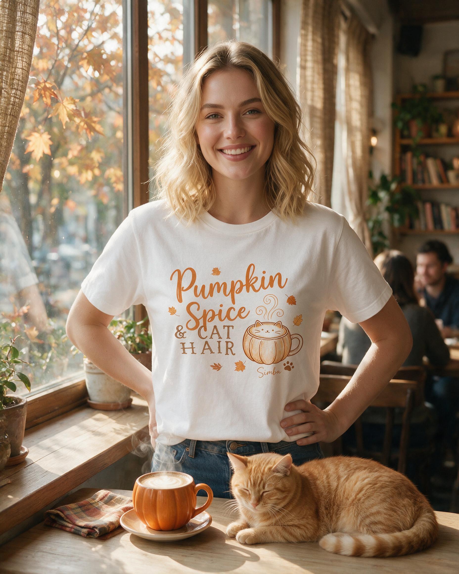 Pumpkin Spice And Cat Hair Personalized Fall Cat Shirt — White