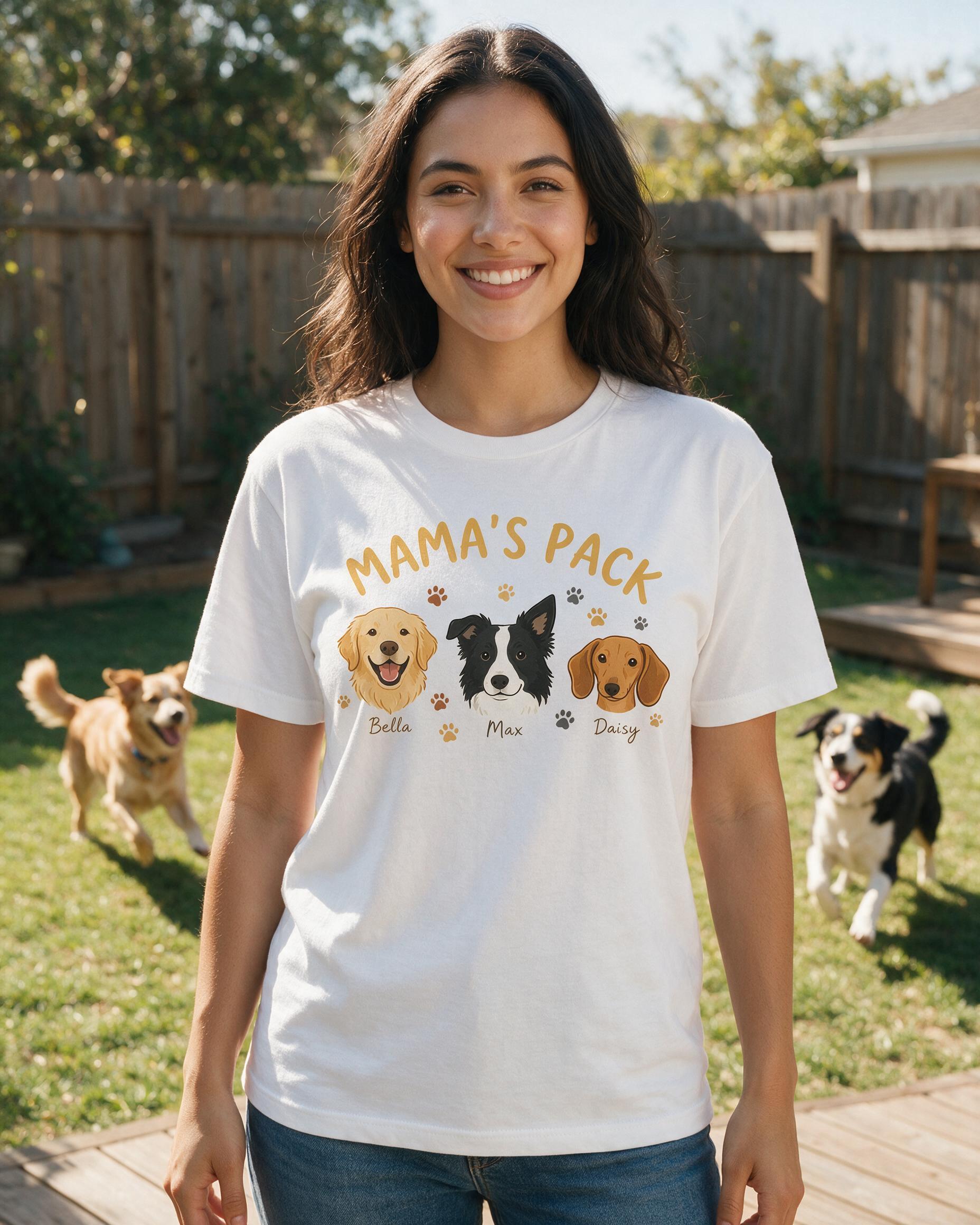 Mama's Pack Three Cartoon Dogs Personalized Dog Mom Shirt β White