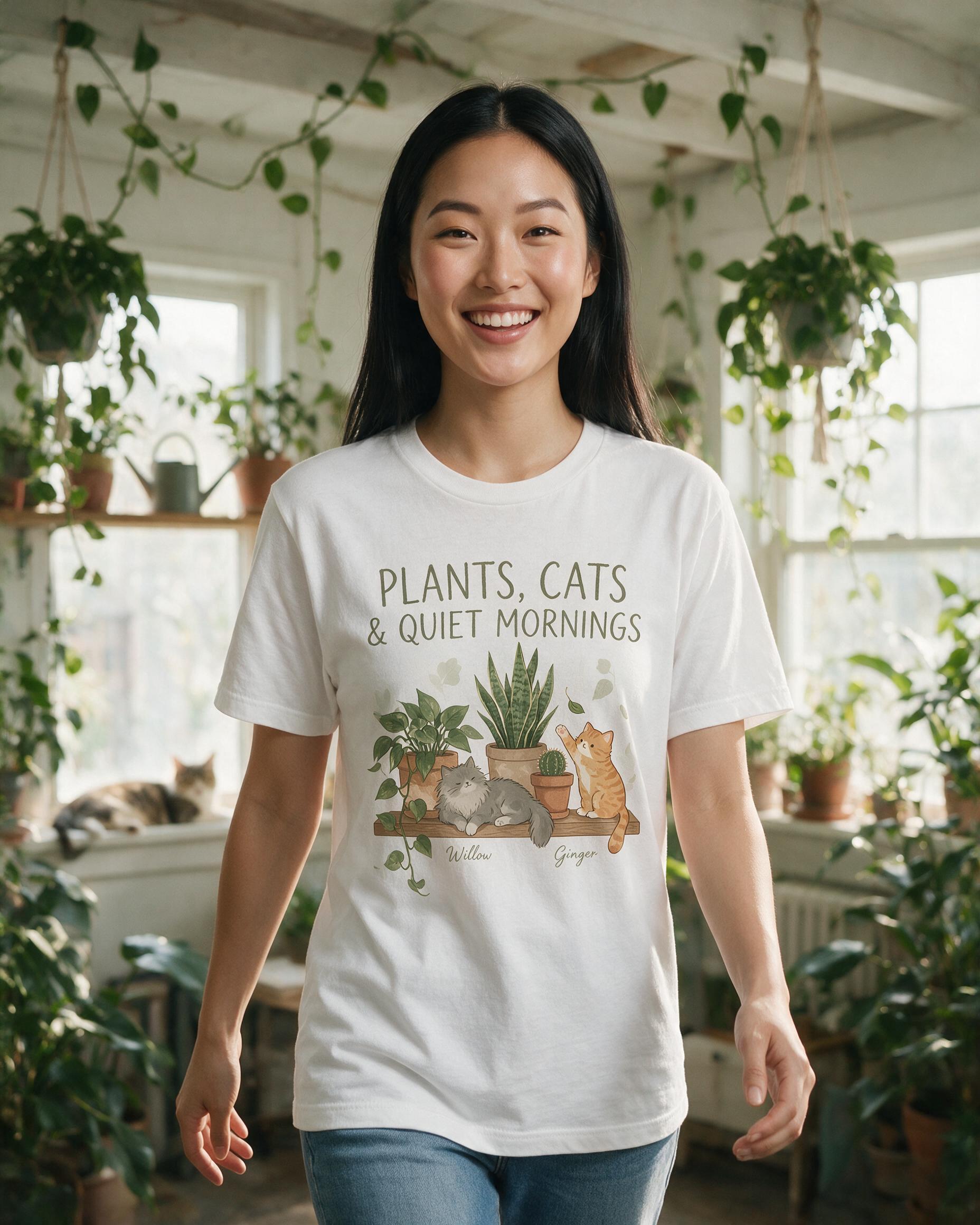 Plants, Cats & Quiet Mornings Personalized Cat Mom Shirt β White