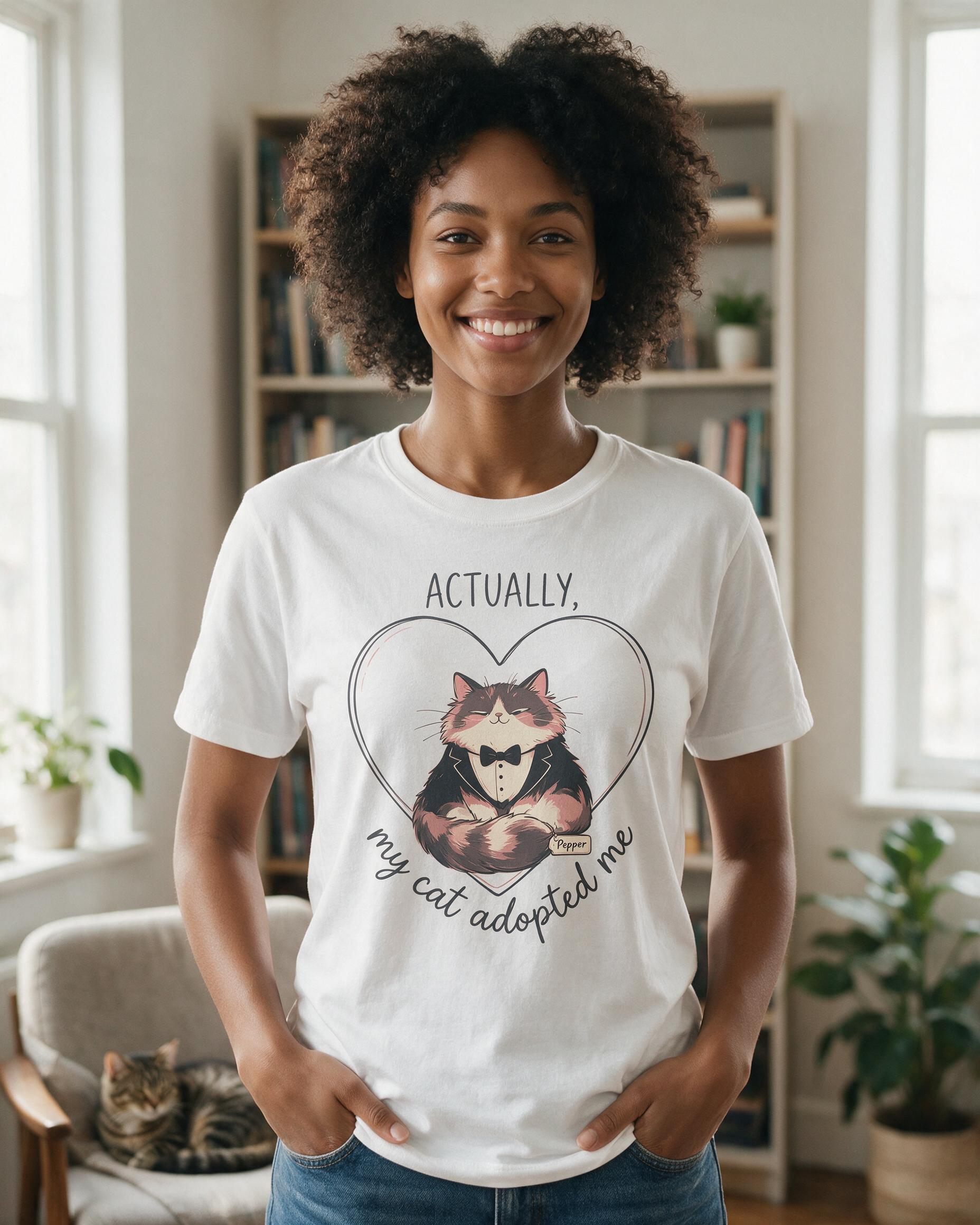 Actually My Cat Adopted Me Personalized Cat Mom Shirt — White