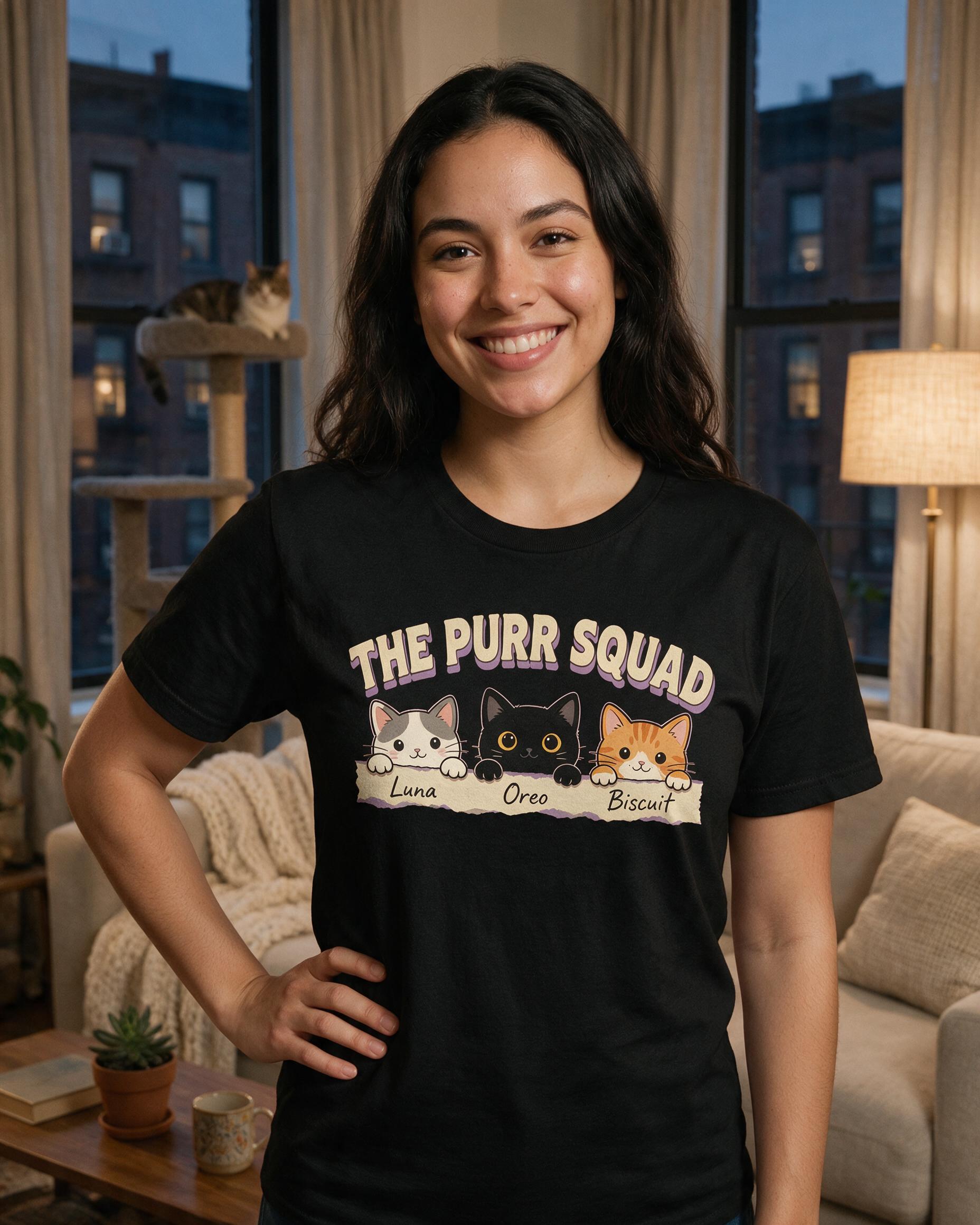 The Purr Squad Three Cats Personalized Cat Mom Shirt β Black