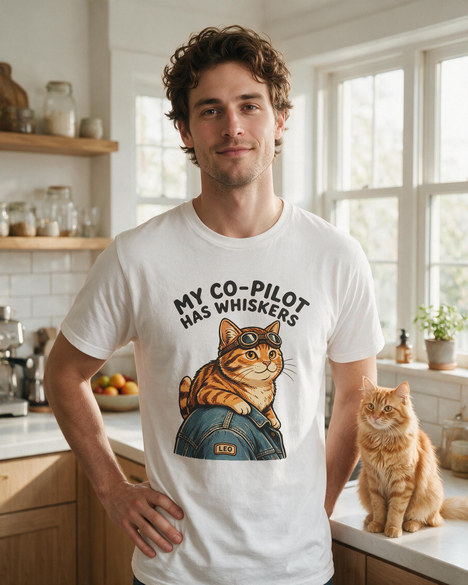 My Co-Pilot Has Whiskers Personalized Cat Dad Shirt — White