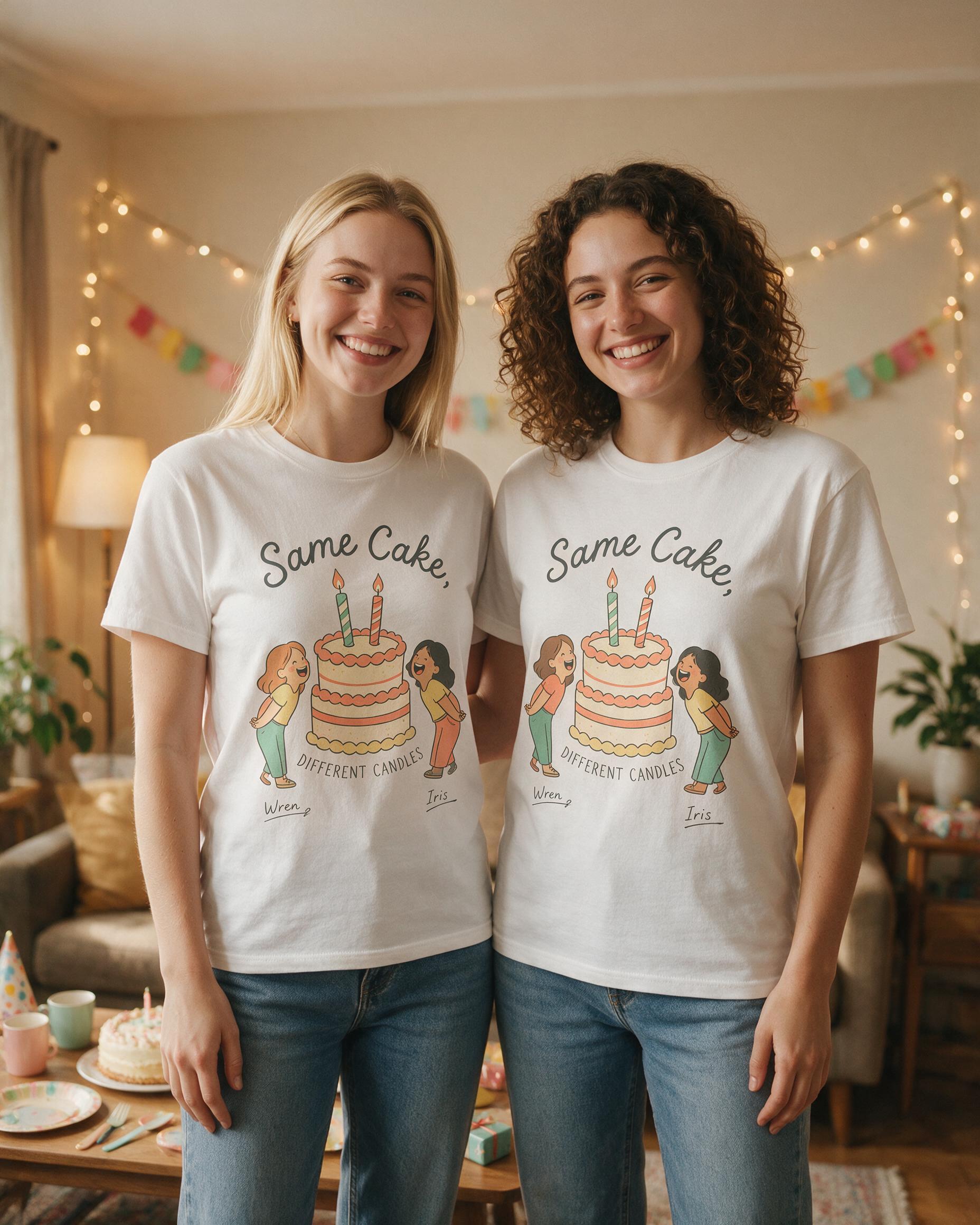 Same Cake Different Candles Matching Birthday Shirt for Two Friends — White
