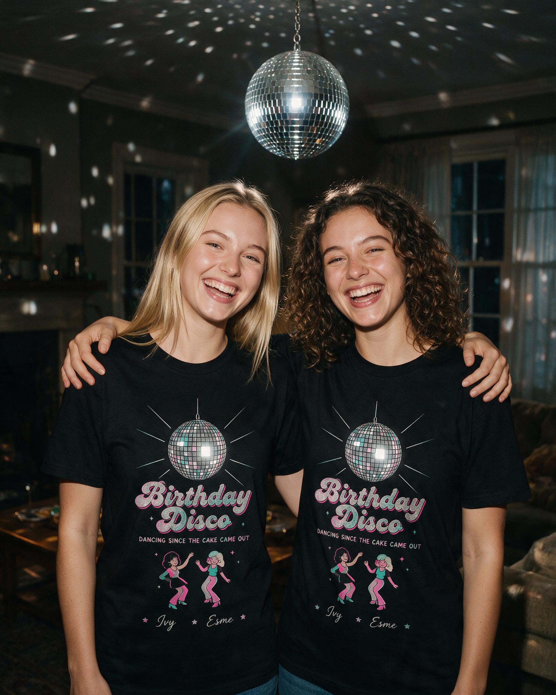 Birthday Disco Mirror Ball Matching Shirt for Two Friends — Black
