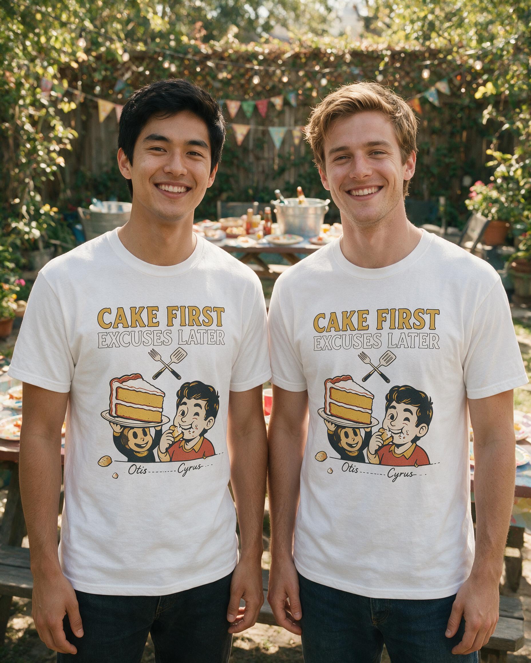 Cake First Excuses Later Funny Birthday Shirt for Two Friends — White