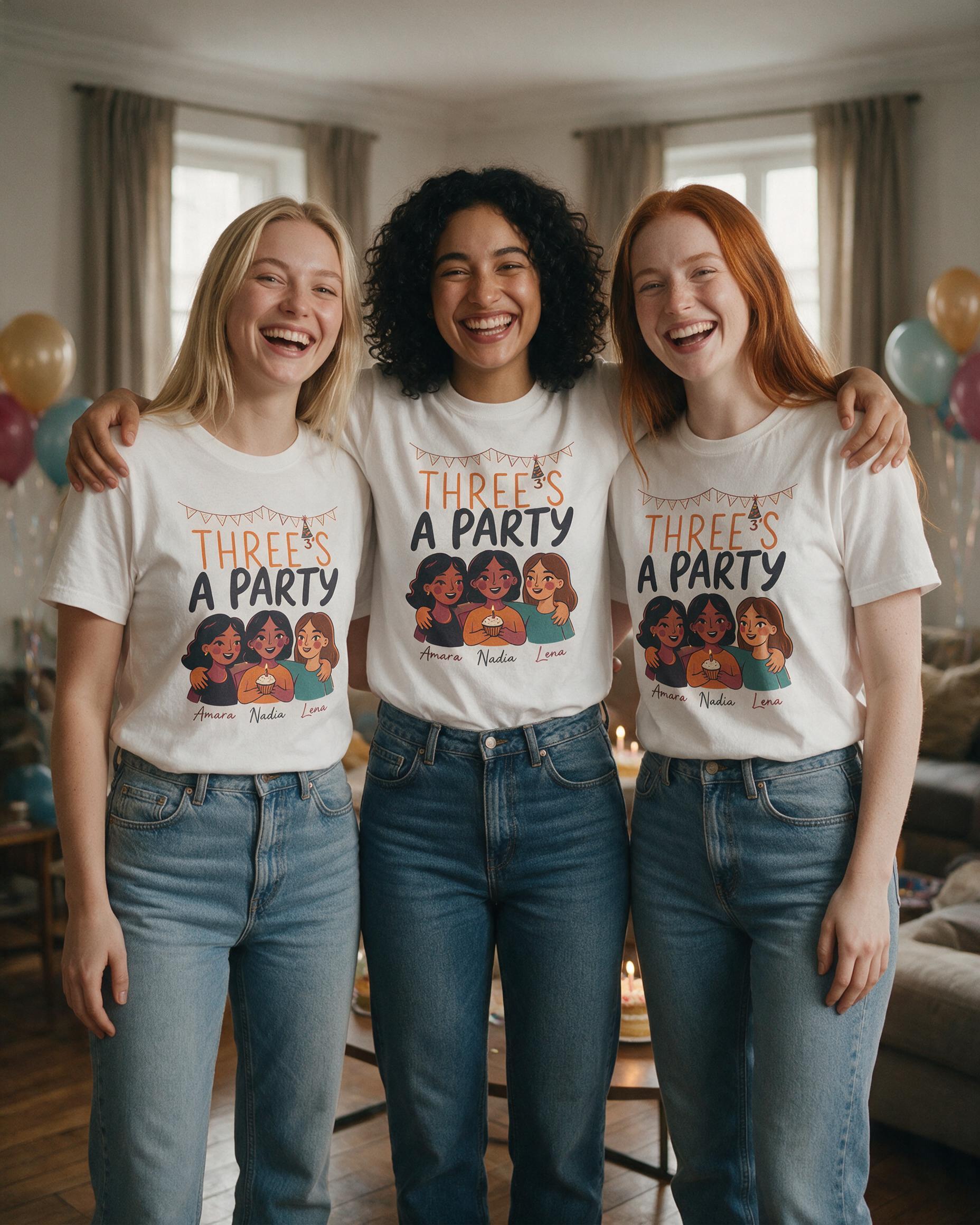 Threes A Party Birthday Matching Shirt for Three Friends — White