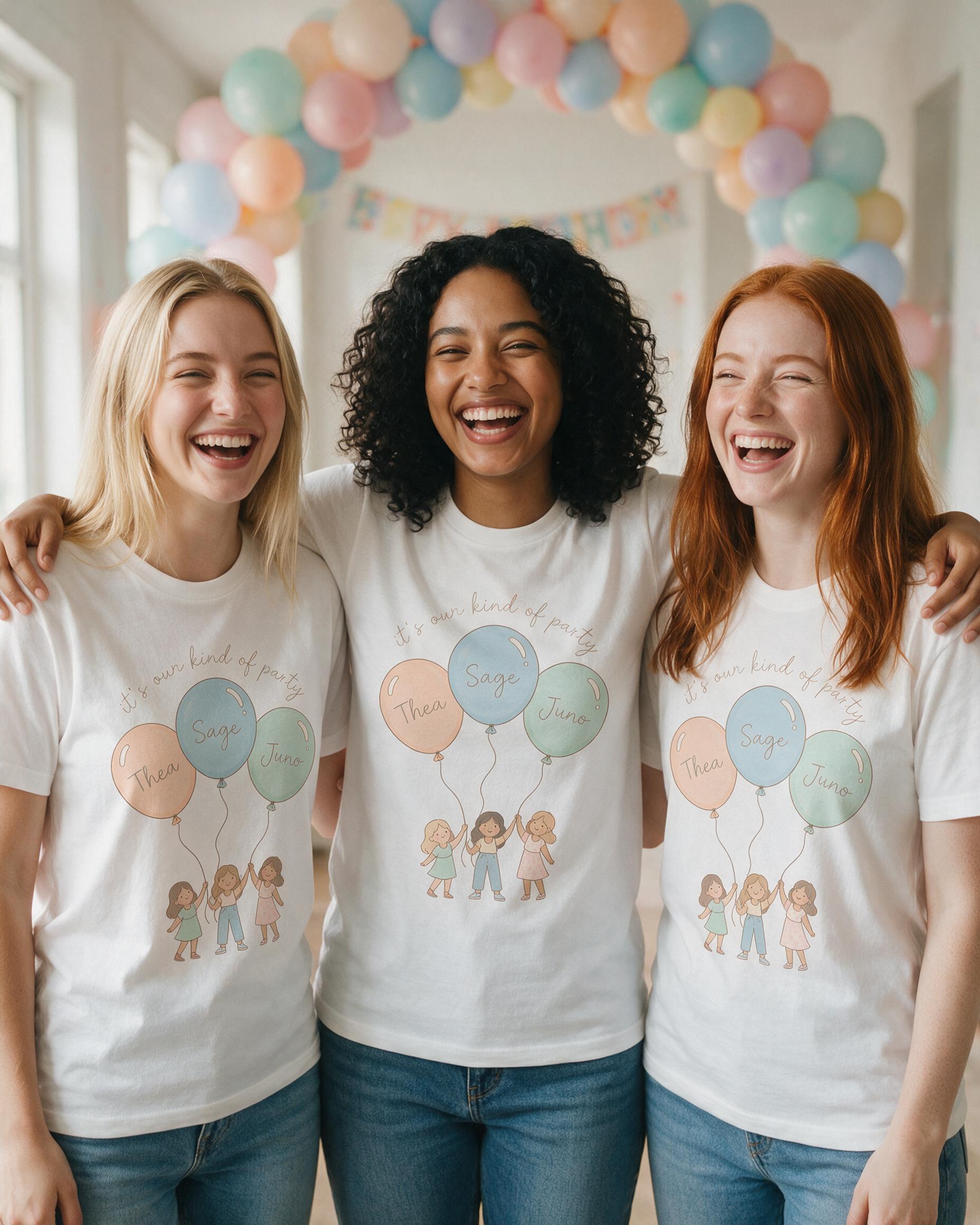 Birthday Balloons With Names Matching Shirt for Three Friends — White