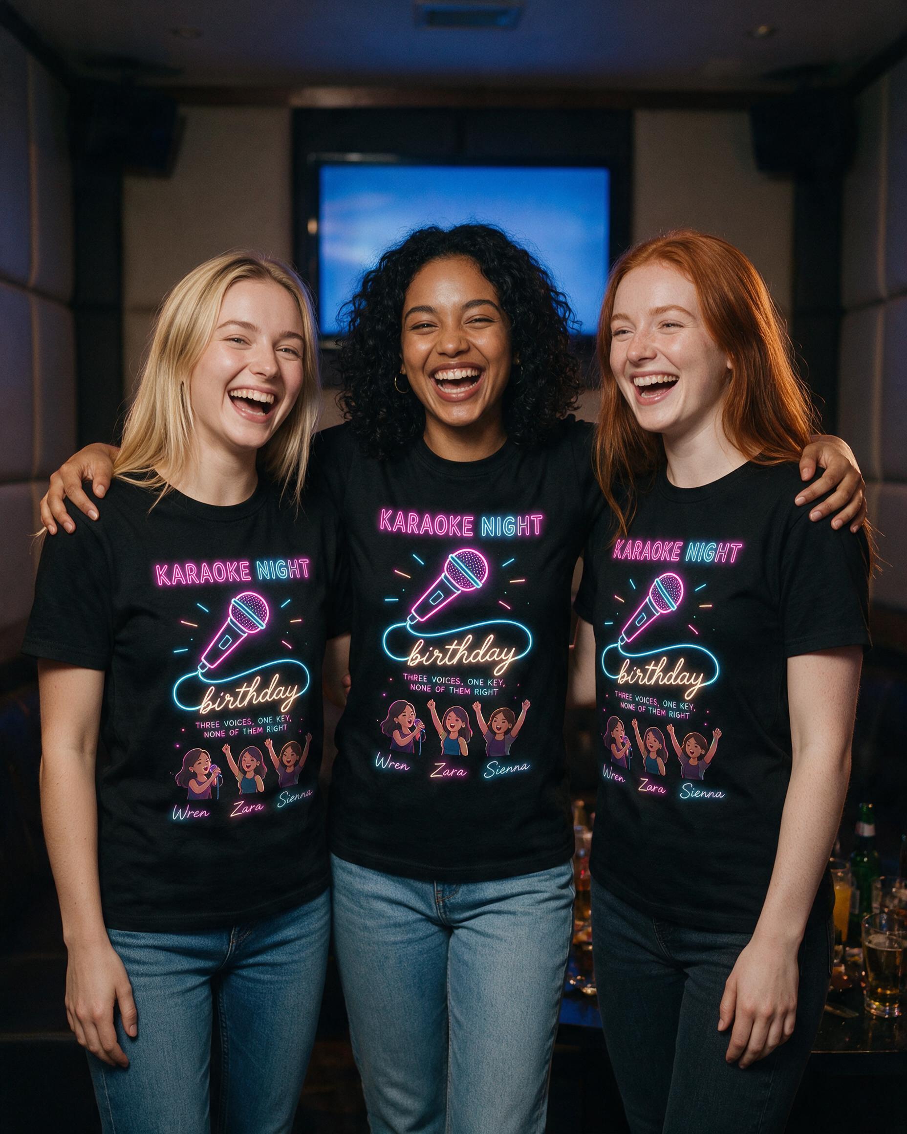 Birthday Karaoke Night Matching Shirt for Three Friends — Black