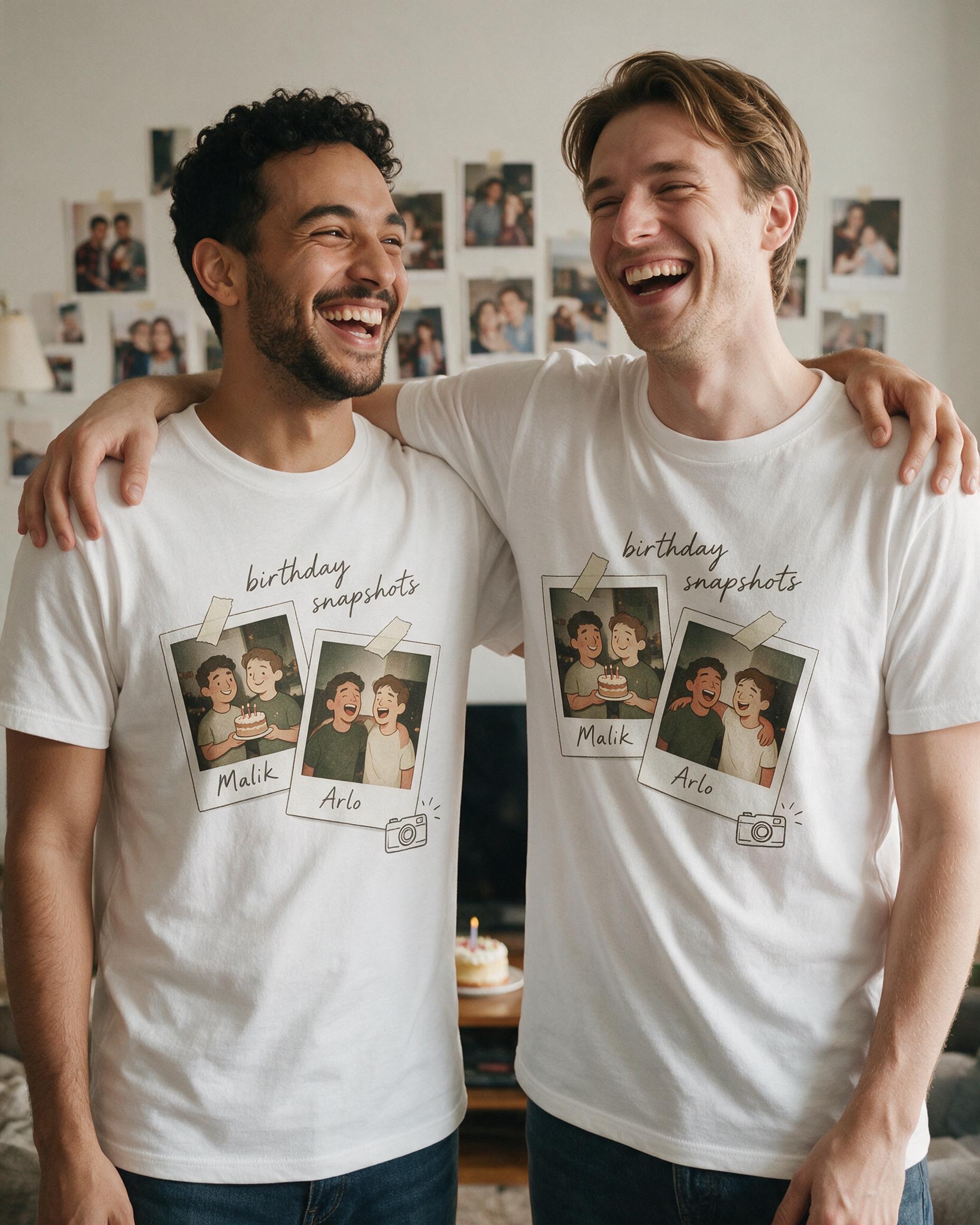 Birthday Snapshots Taped Photos Matching Shirt for Two — White