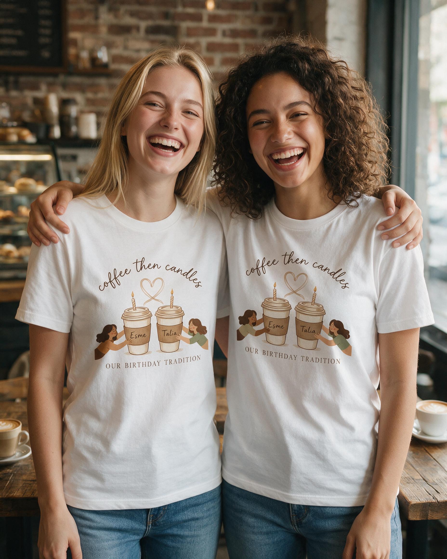 Coffee Then Candles Birthday Cafe Matching Shirt for Two Friends — White