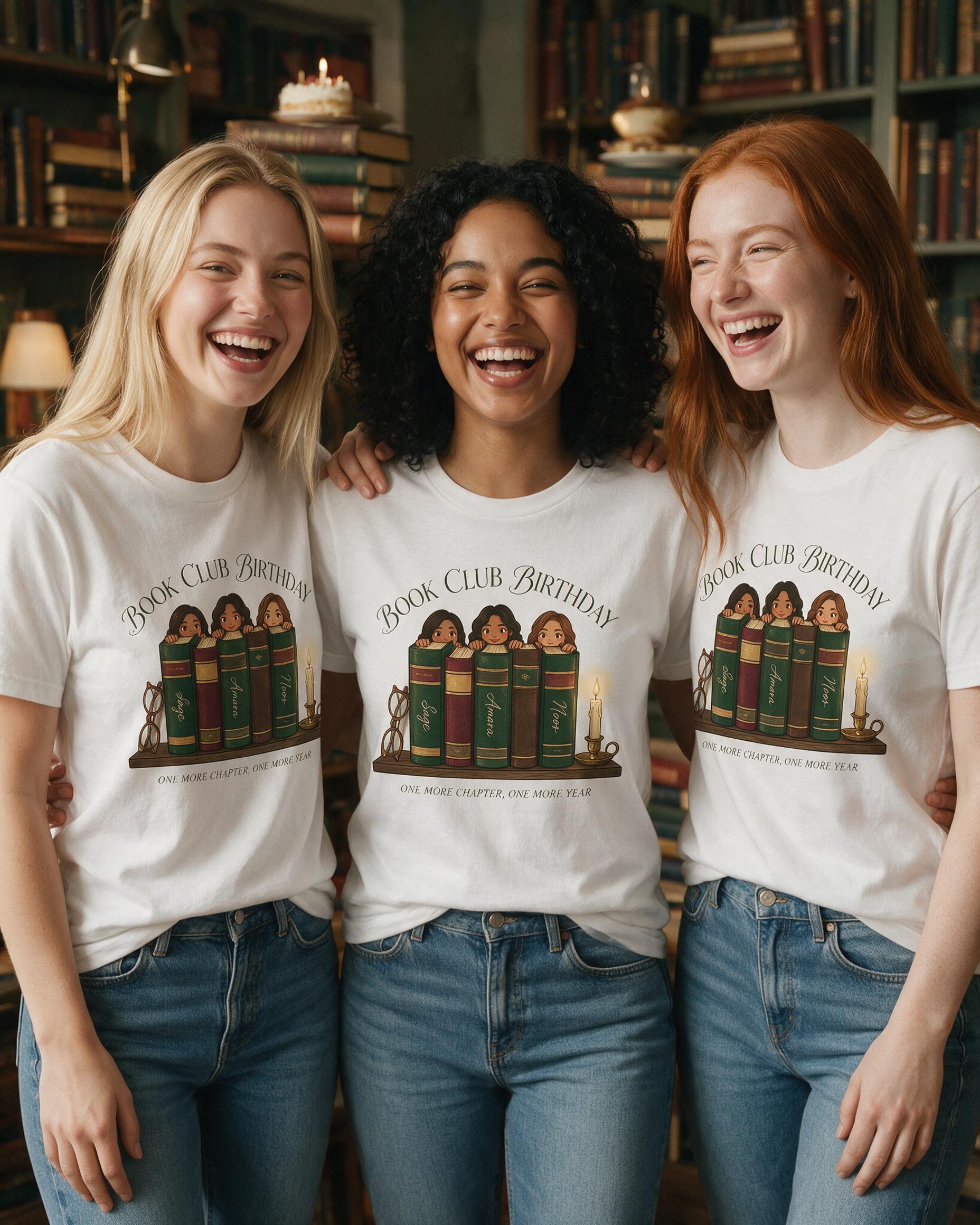 Book Club Birthday Matching Shirt for Three Friends — White