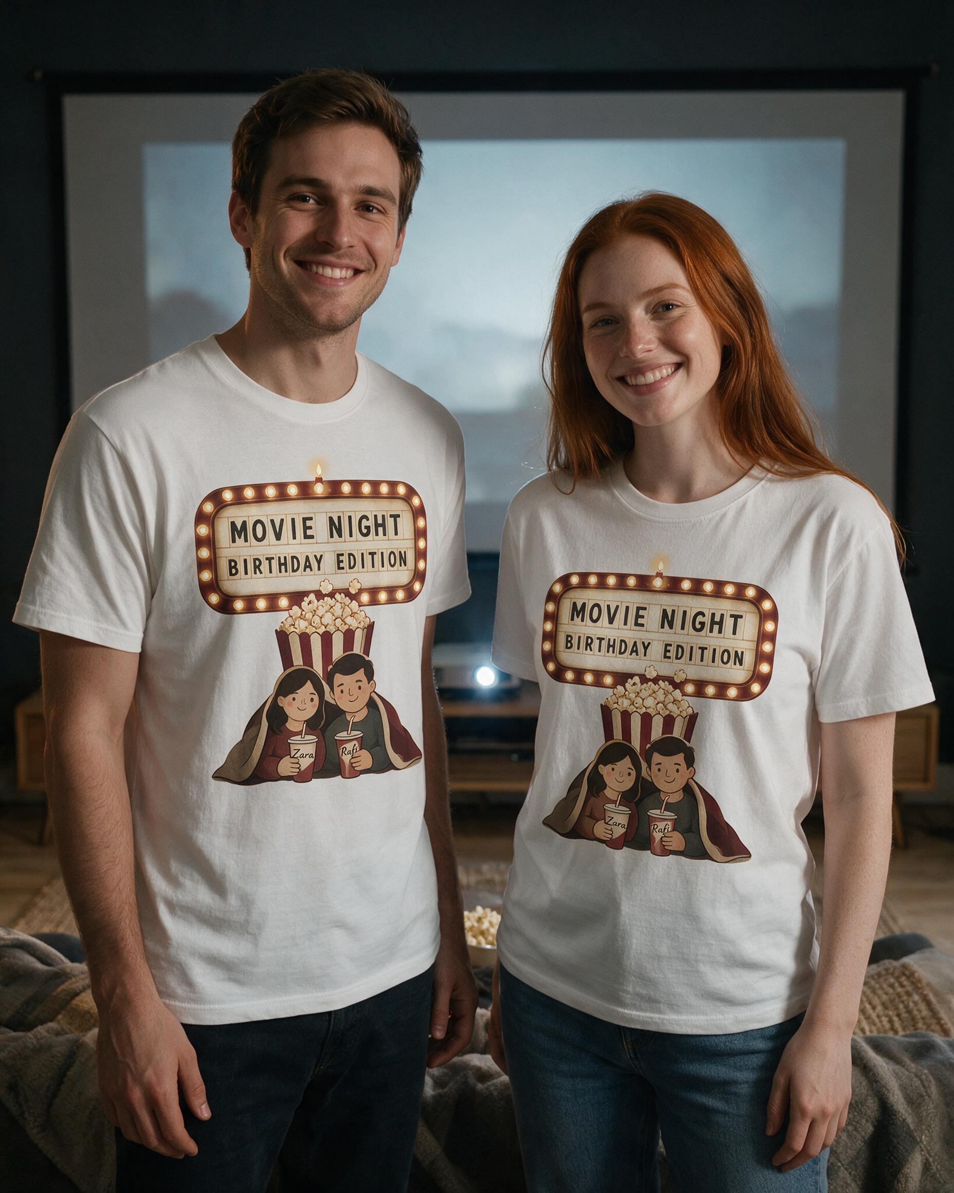 Movie Night Birthday Matching Shirt for Couples — White
