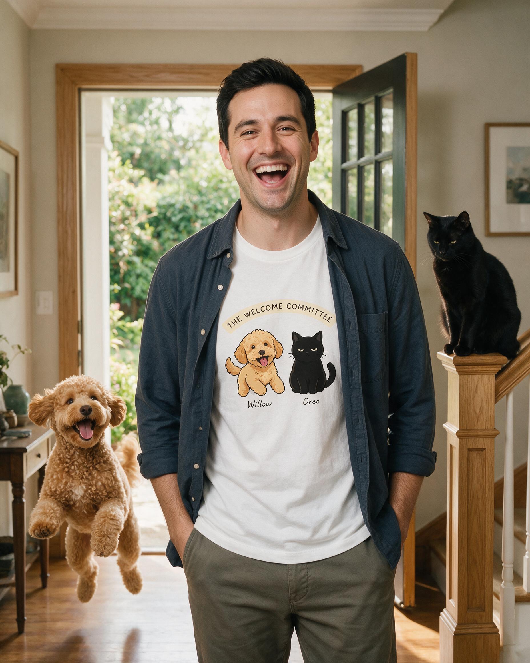 The Welcome Committee Personalized Doodle And Cat Shirt — White
