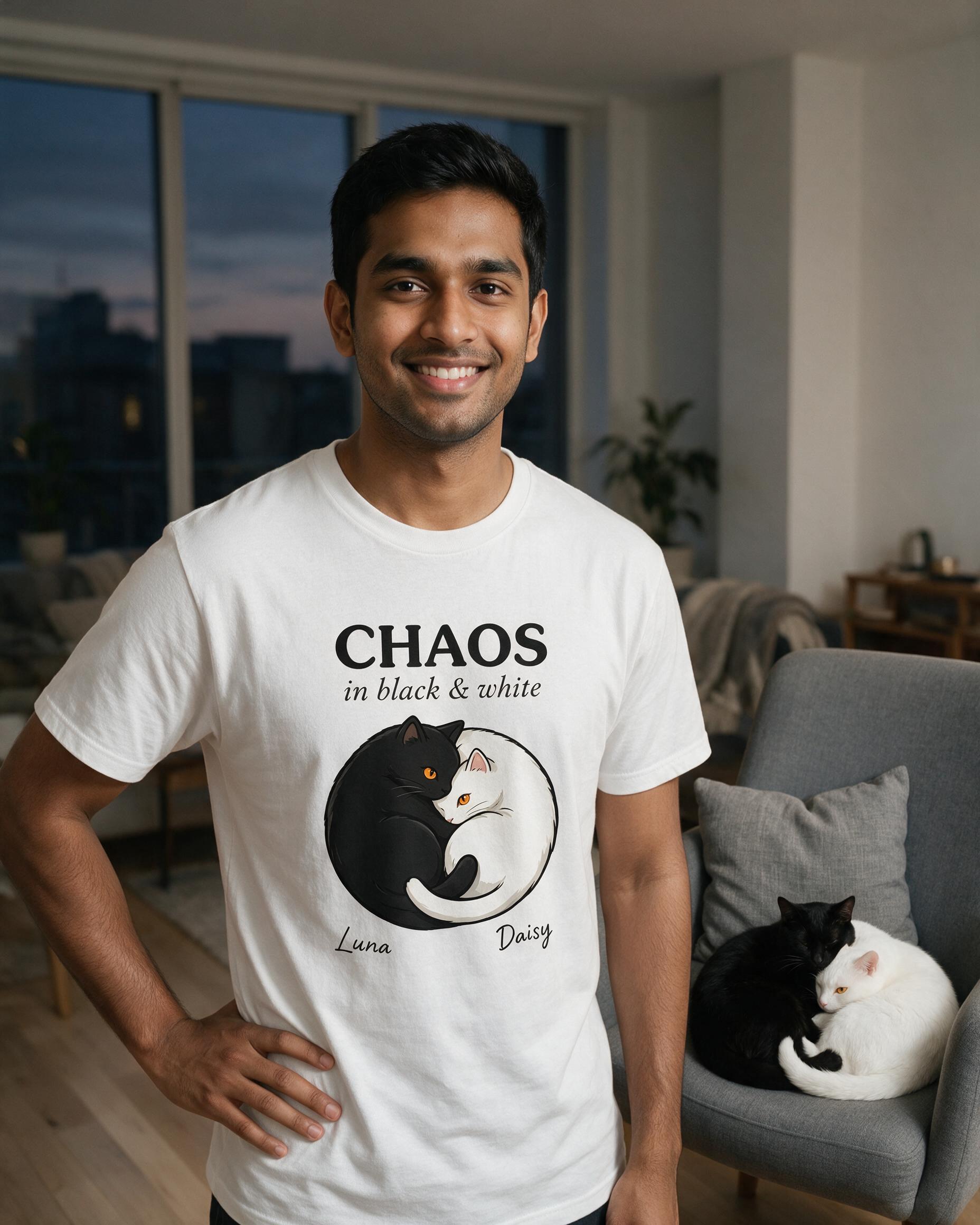 Chaos In Black And White Personalized Two Cat Shirt — White