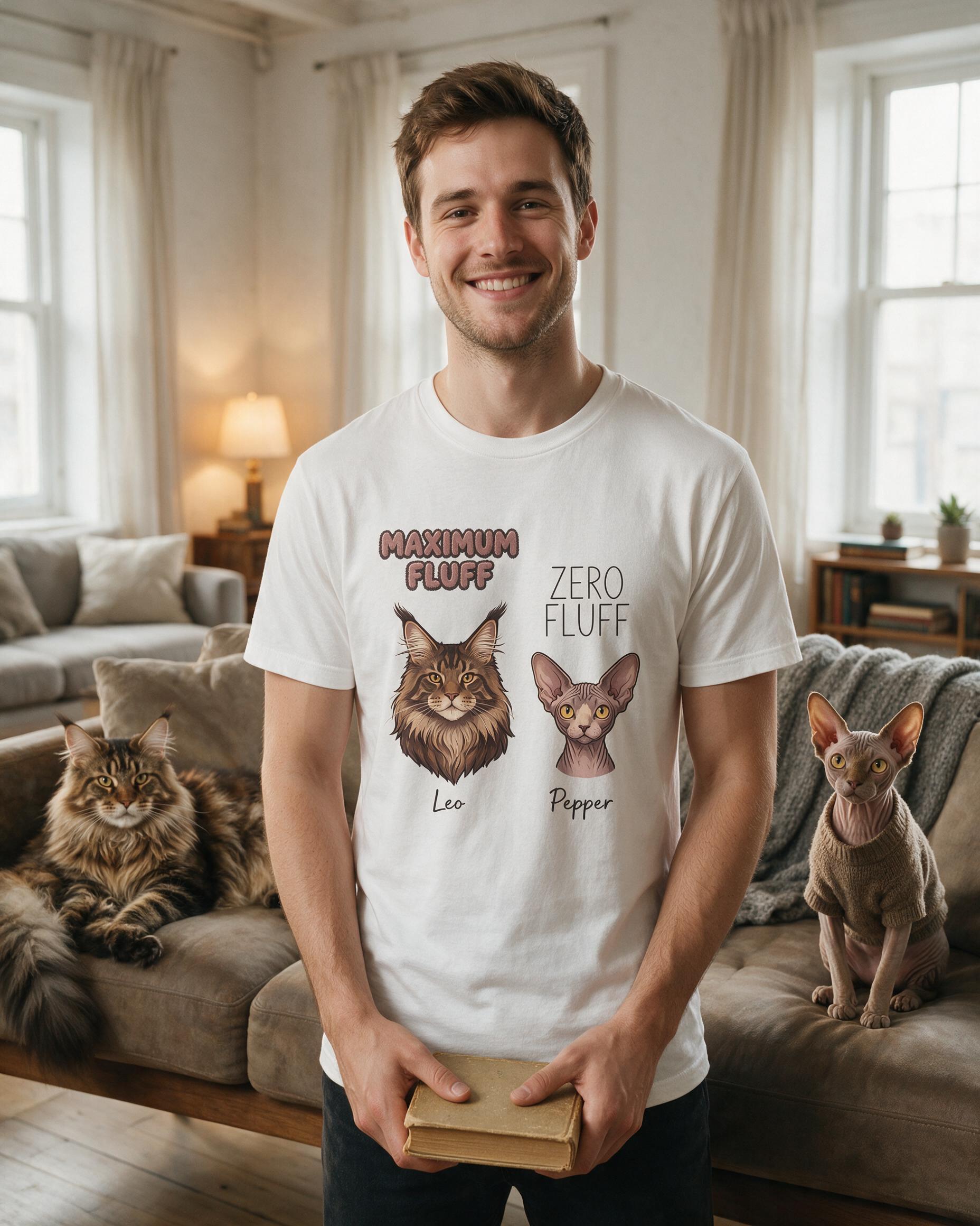 Maximum Fluff Zero Fluff Personalized Maine Coon Sphynx Shirt — White