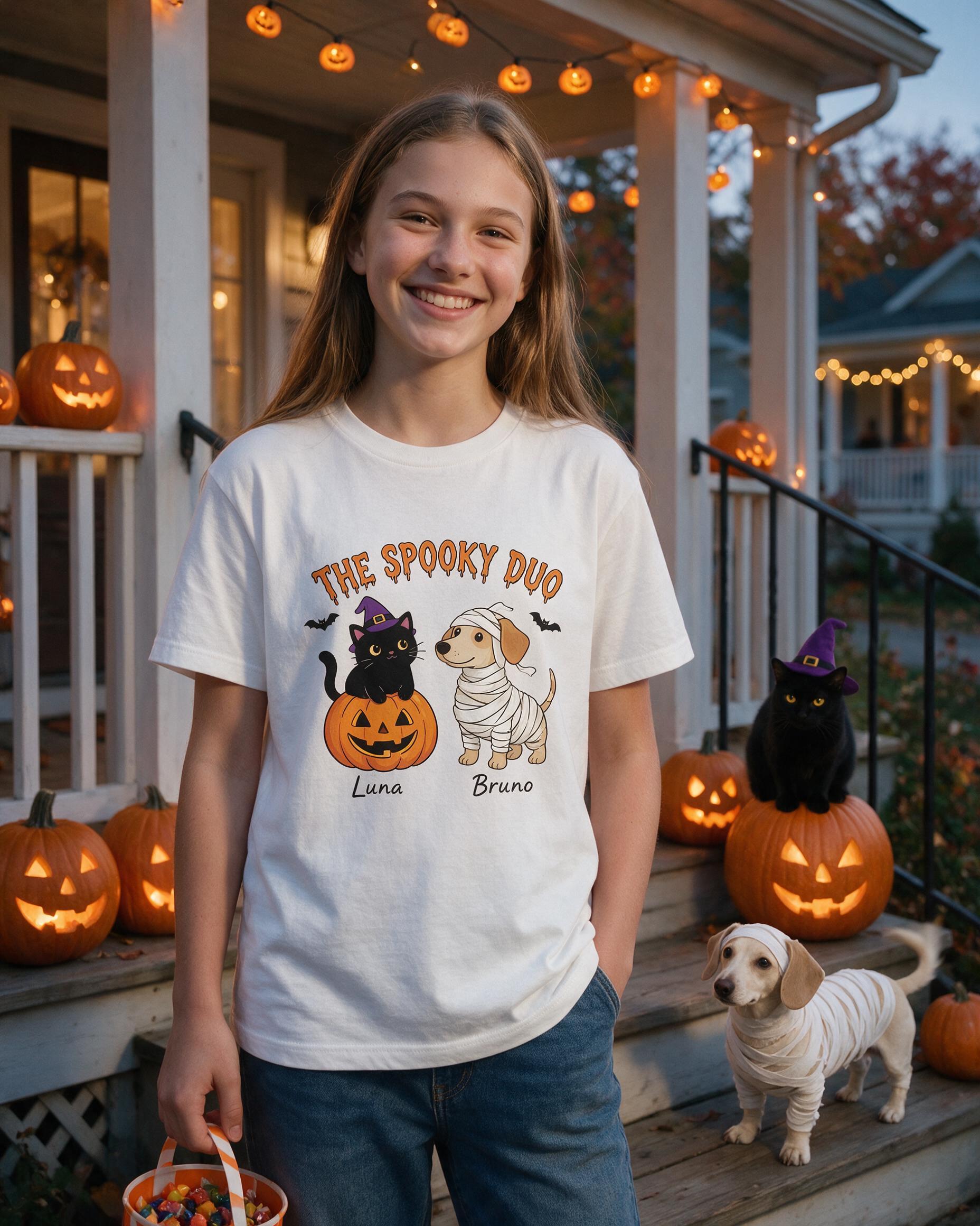 The Spooky Duo Personalized Halloween Cat And Dog Shirt — White
