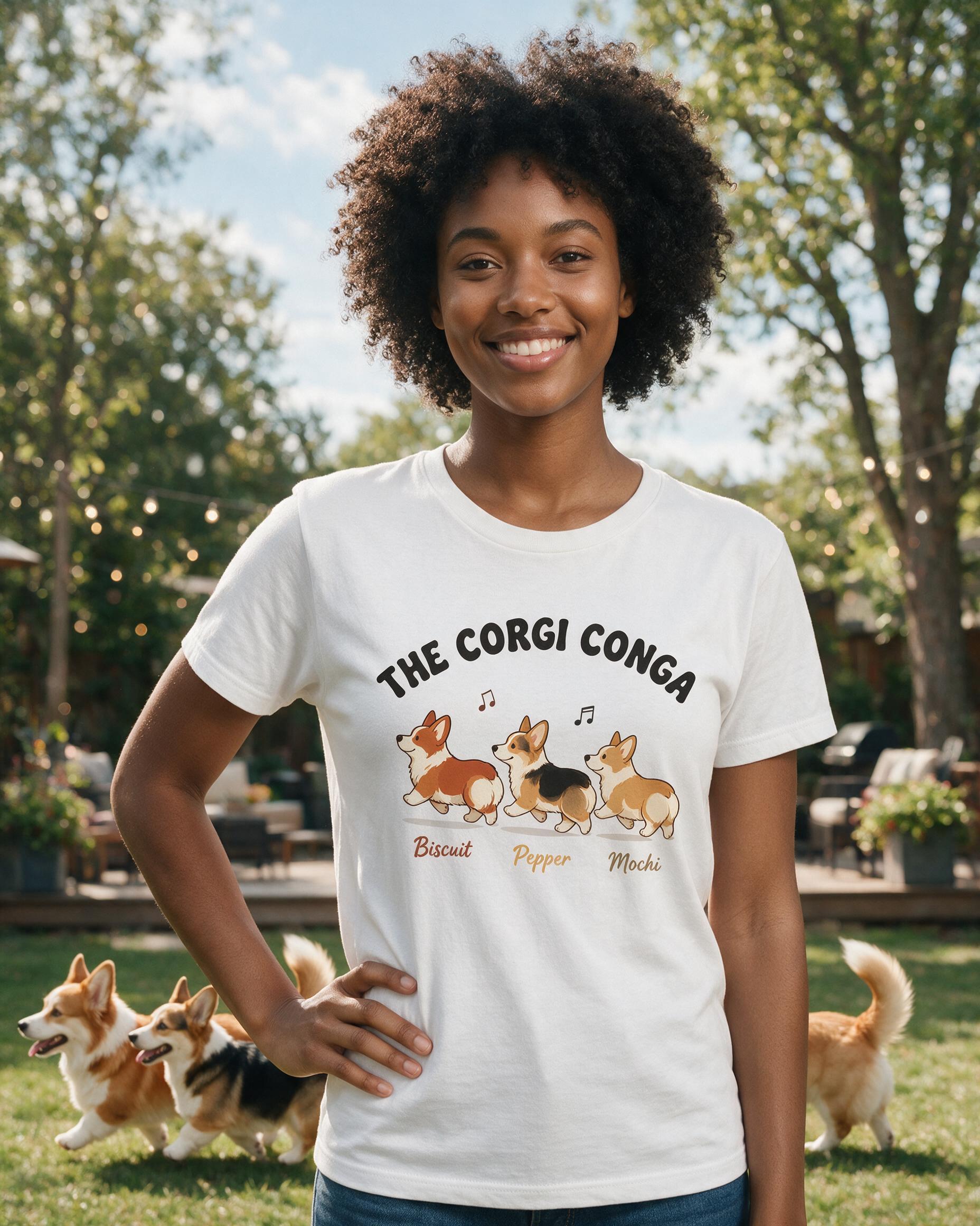 The Corgi Conga Personalized Three Corgi Shirt — White